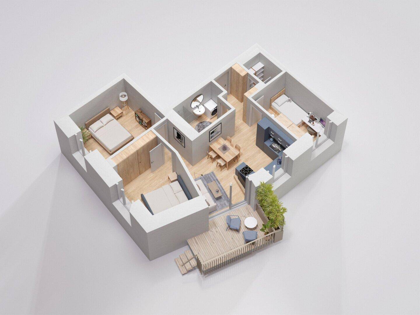 Dreidimensionale Darstellung eines modernen Apartments mit offener Wohnküche, zwei Schlafzimmern und einem Balkon.