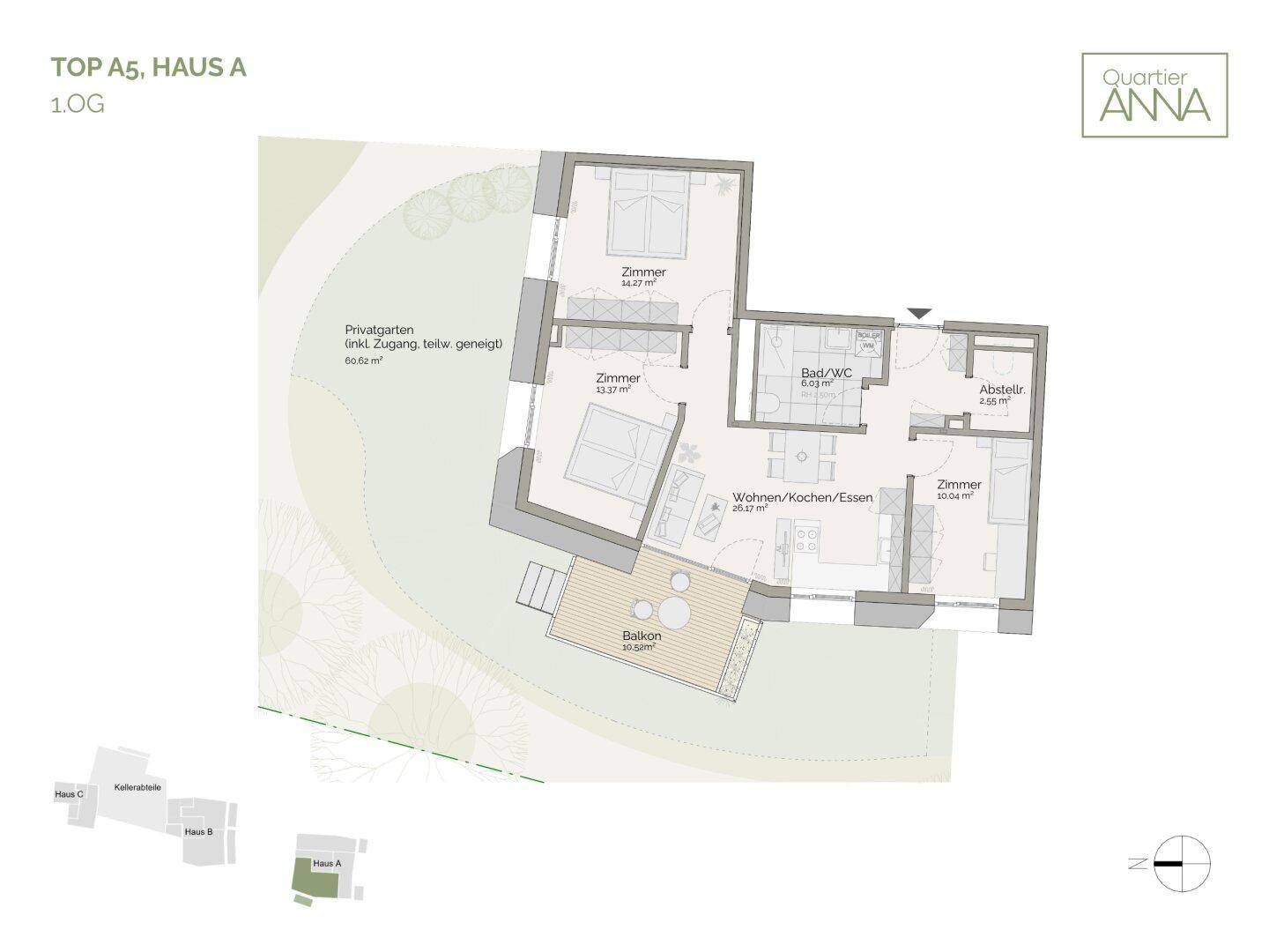 Grundrissplan für ein Apartment im ersten Obergeschoss mit Balkon und einem privaten Gartenanteil.
