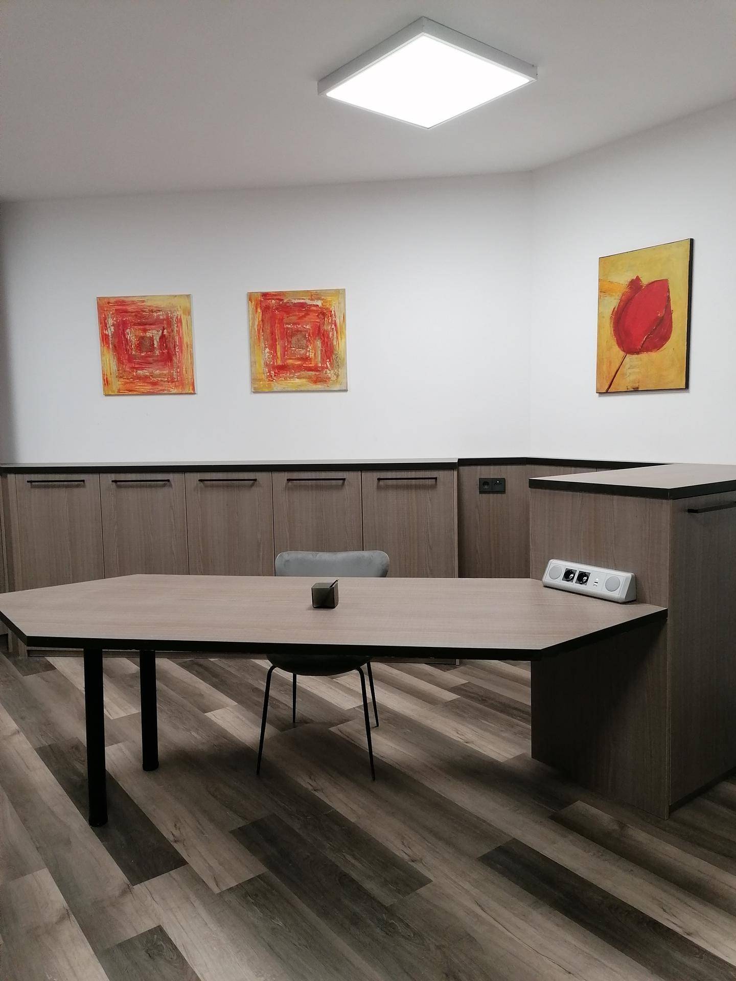 Heller Mehrzweckraum mit modernem Tisch, Kunstwerken und niedrigen Schränken entlang der Wand.