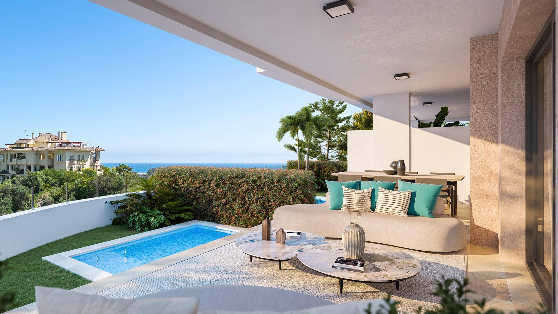 Überdachte Terrasse mit stilvollen Loungemöbeln, privatem Pool und weitem Meerblick.