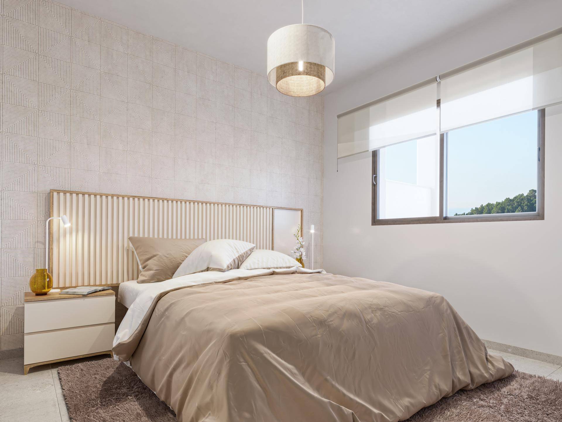 Modernes Schlafzimmer mit Doppelbett, Nachttischen und großem Fenster.