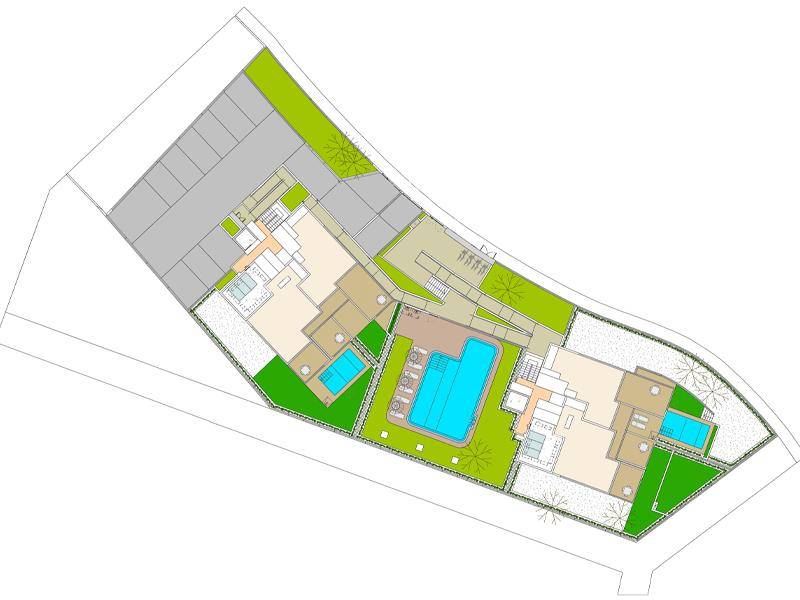 Übersichtsplan der Wohnanlage mit mehreren Gebäuden, Pools und Grünflächen auf dem Grundstück.