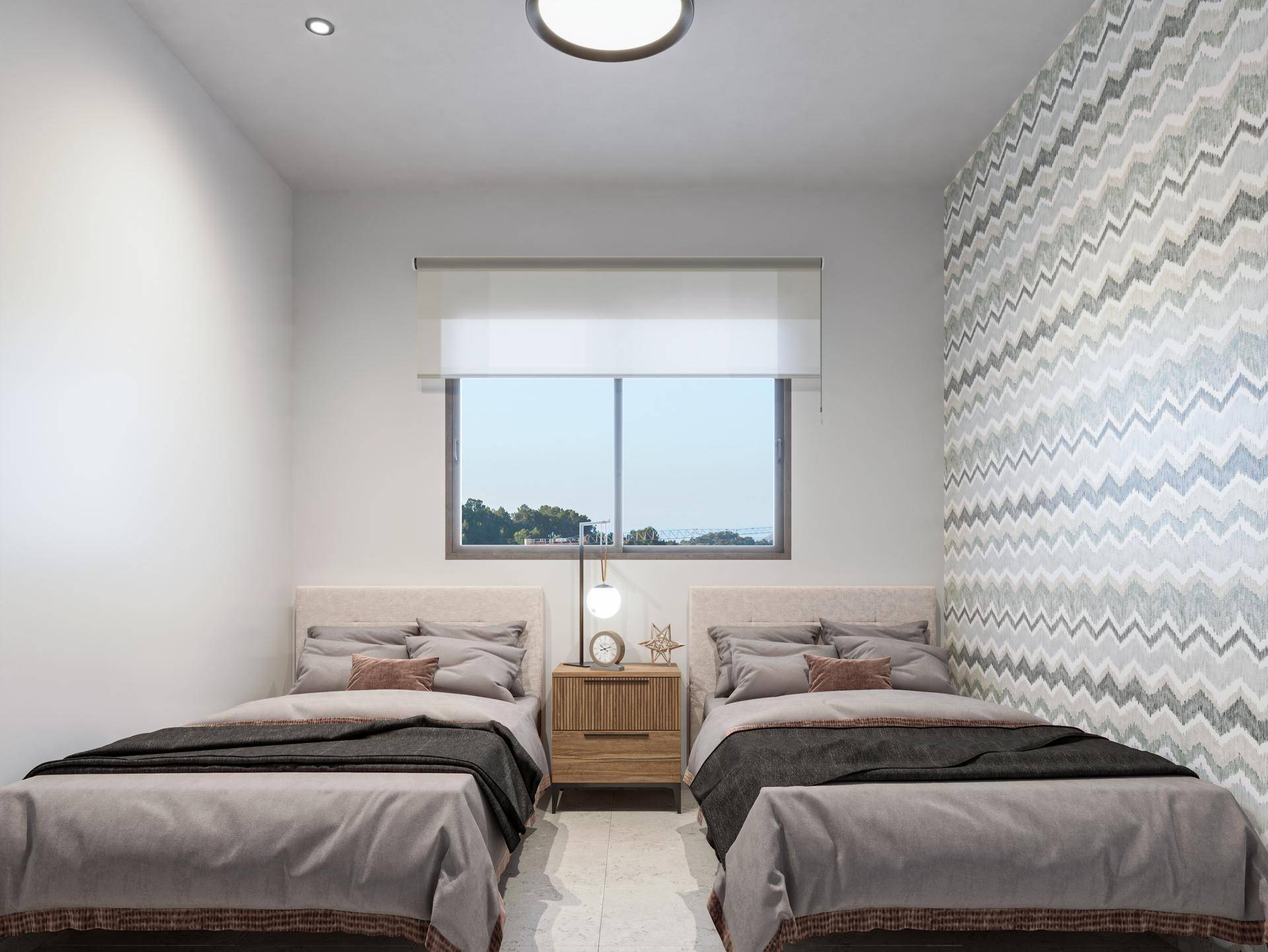 Modernes Schlafzimmer mit zwei Einzelbetten, Nachttisch und großem Fenster.