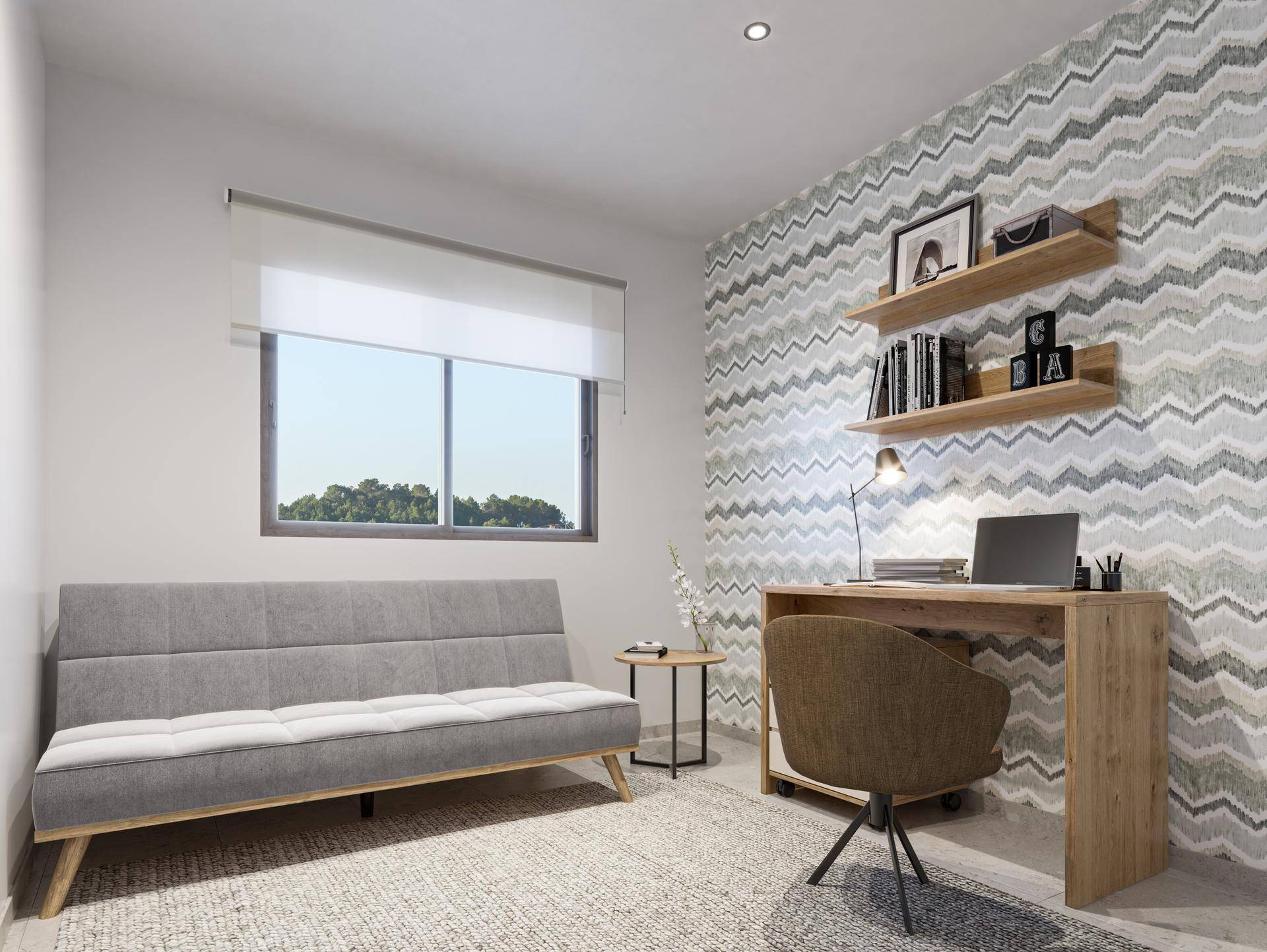 Helles Arbeitszimmer mit modernem Schreibtisch und dekorativer Tapetenwand.