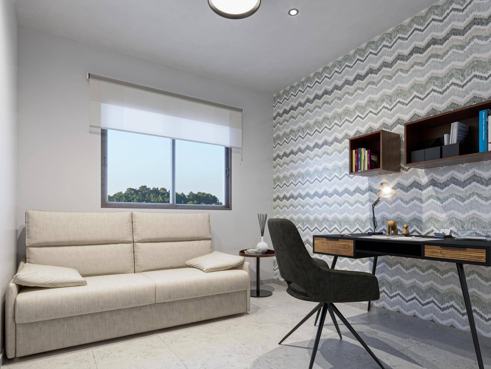 Helles Arbeitszimmer mit Schlafsofa, modernem Schreibtisch und gemusterter Tapete.