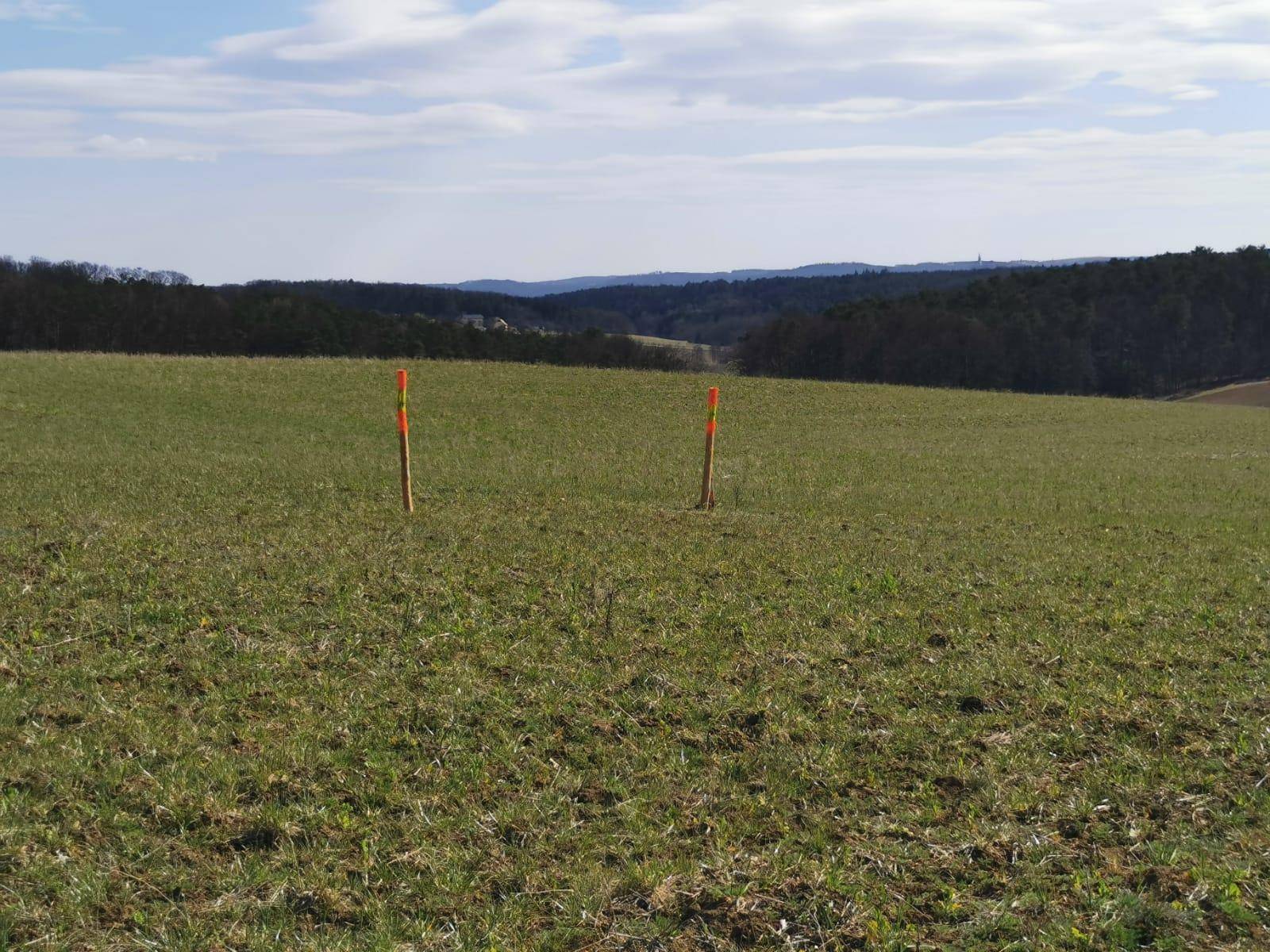 Offenes Feld mit Markierungspfählen und weitem Blick auf bewaldete Hügel und die umliegende Natur.