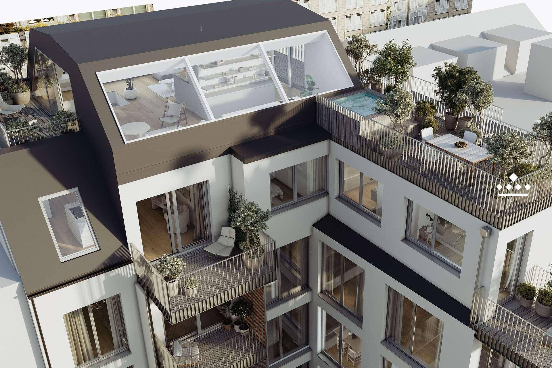 Dachterrassen und Balkone eines modernen Gebäudes mit Pool und Sitzbereichen im Freien.
