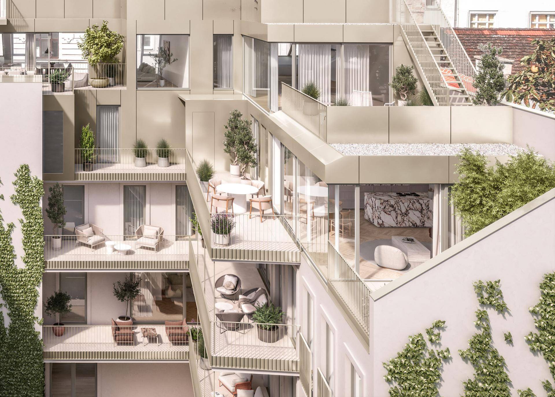 Moderne Architektur mit gestaffelten Balkonen und Terrassen, die begrünte Außenbereiche bieten.