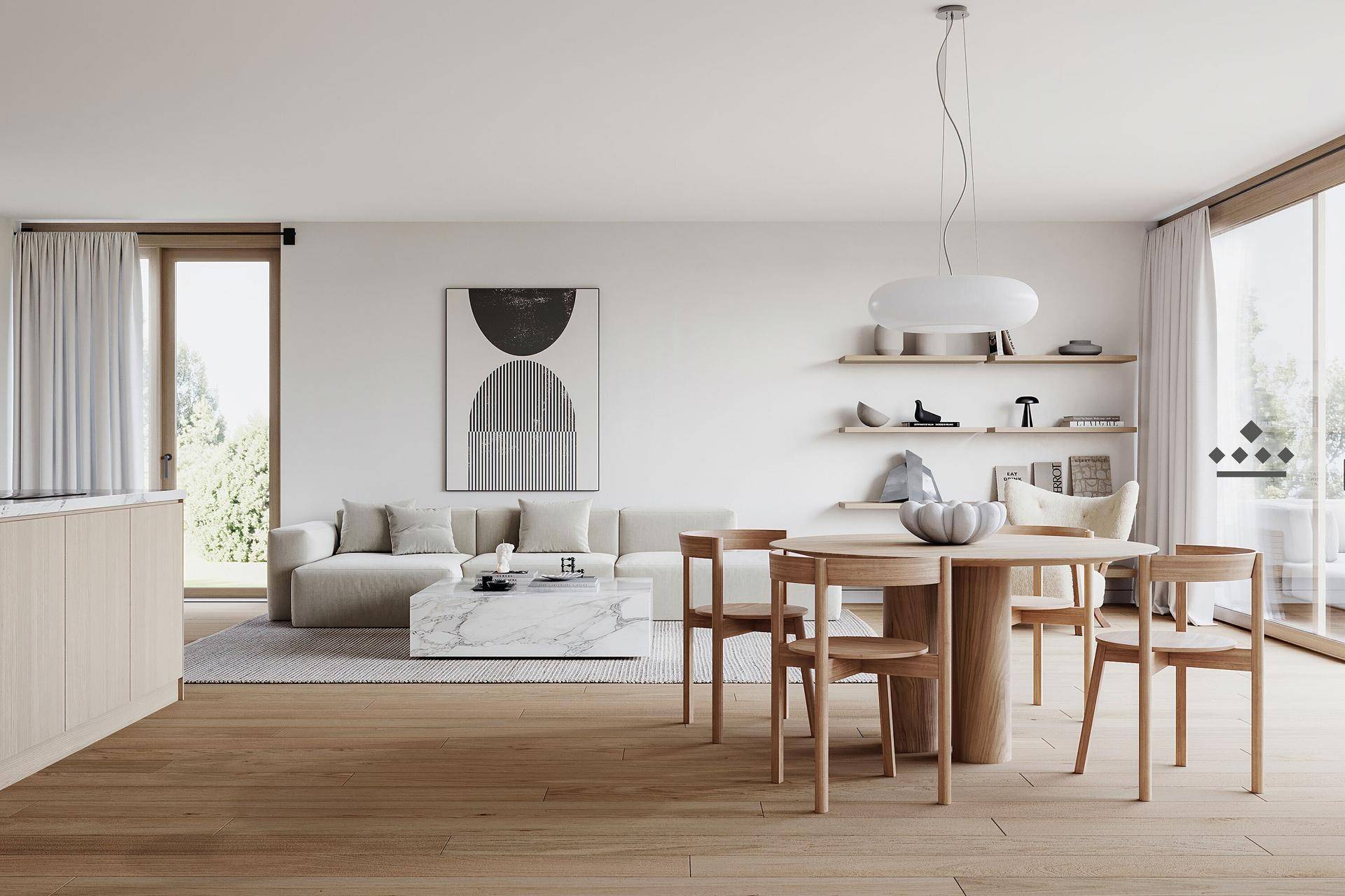 Geräumiger Wohn-Essbereich mit modernem Design, Holzboden und stilvollen Möbeln in hellen Tönen.