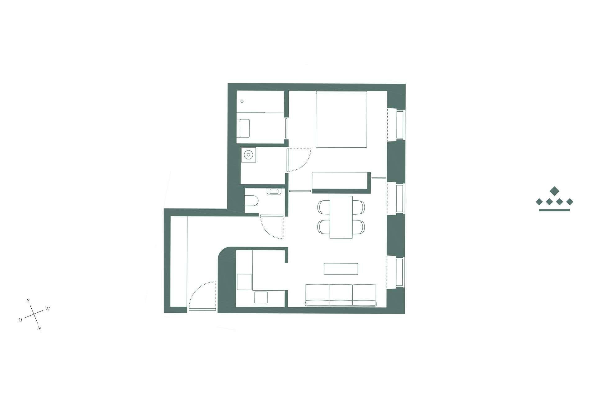 Grundriss einer Wohnung mit Schlafzimmer, Bad, Wohn-Essbereich und Küche.
