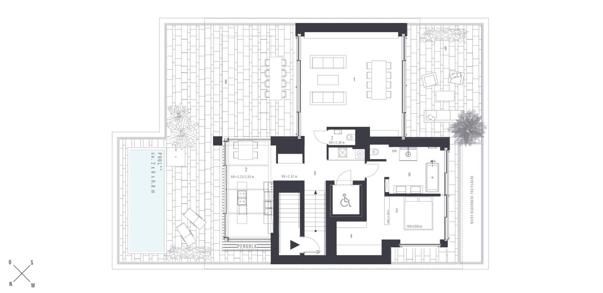 Grundriss einer modernen Wohnung mit offenem Wohnbereich, Schlafzimmern und Pool.