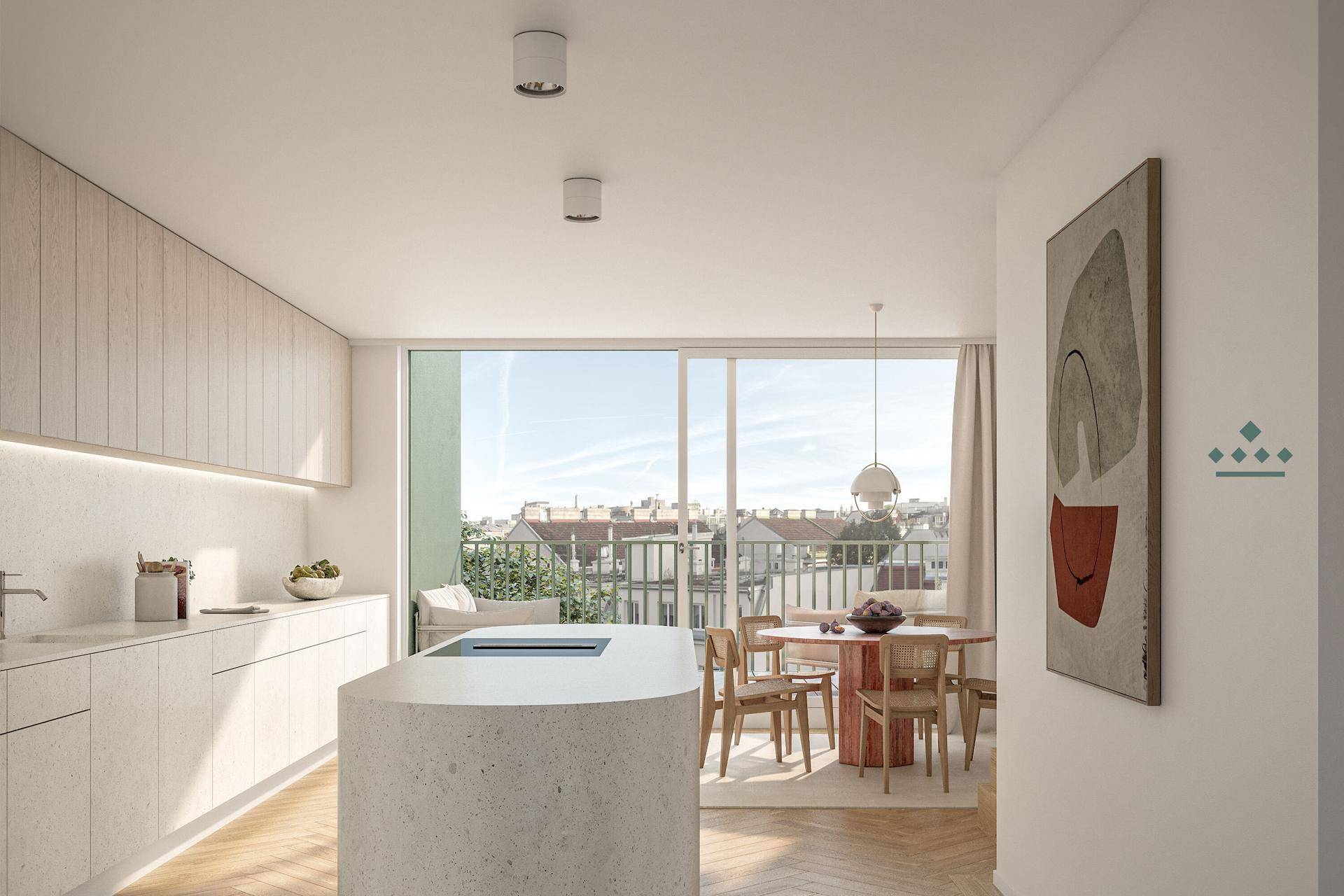 Helle, moderne Küche mit Essbereich und großen Fenstern, die einen weiten Stadtblick bieten.