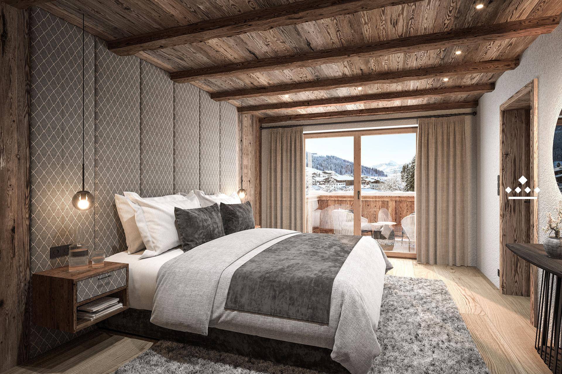 Gemütliches Schlafzimmer mit Holzbalkendecke, weichem Teppich und direktem Zugang zum Balkon mit Bergblick.