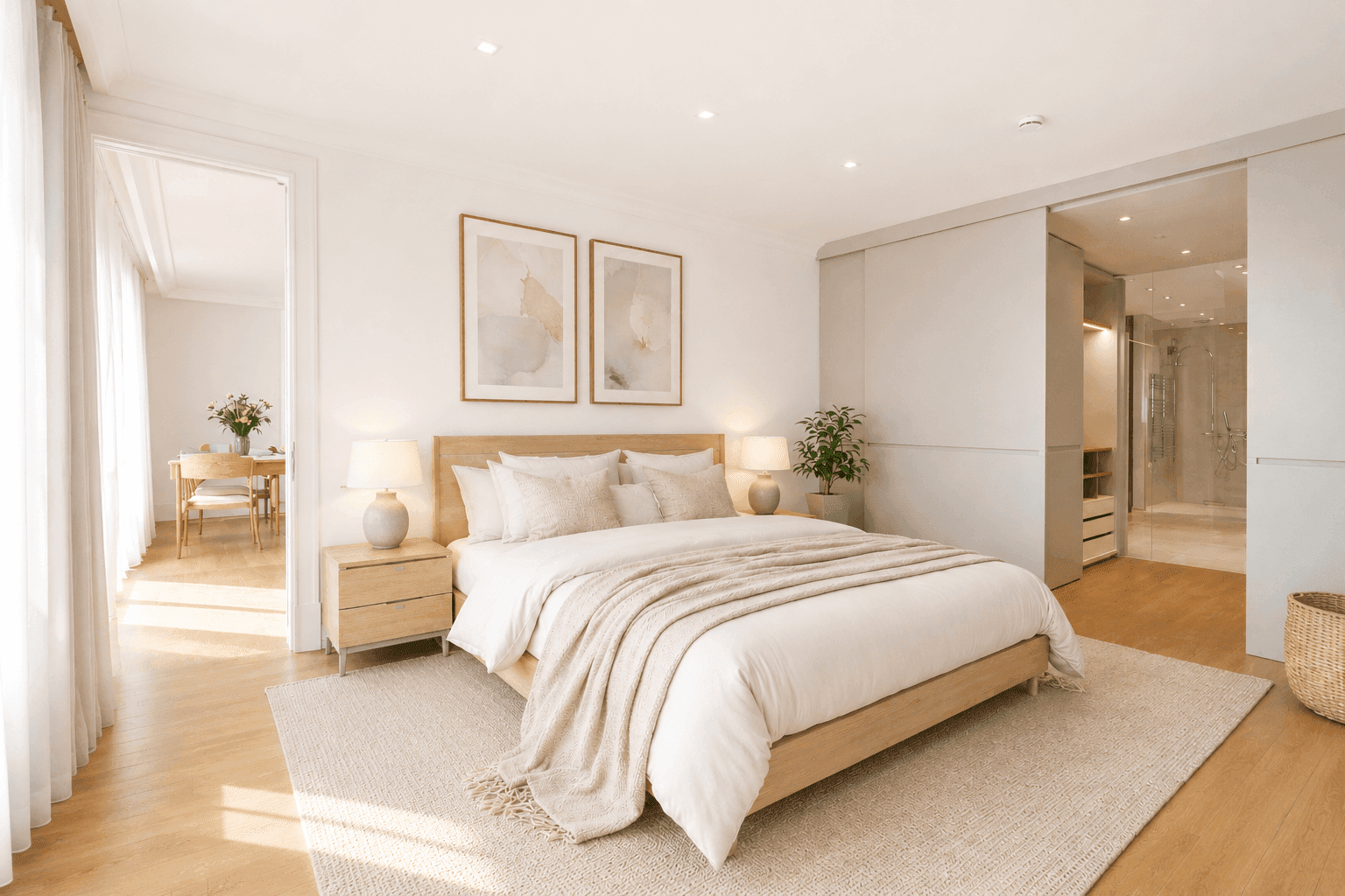 Modernes Schlafzimmer mit Holzbett, Teppich und Zugang zu einem begehbaren Kleiderschrank und Badezimmer.