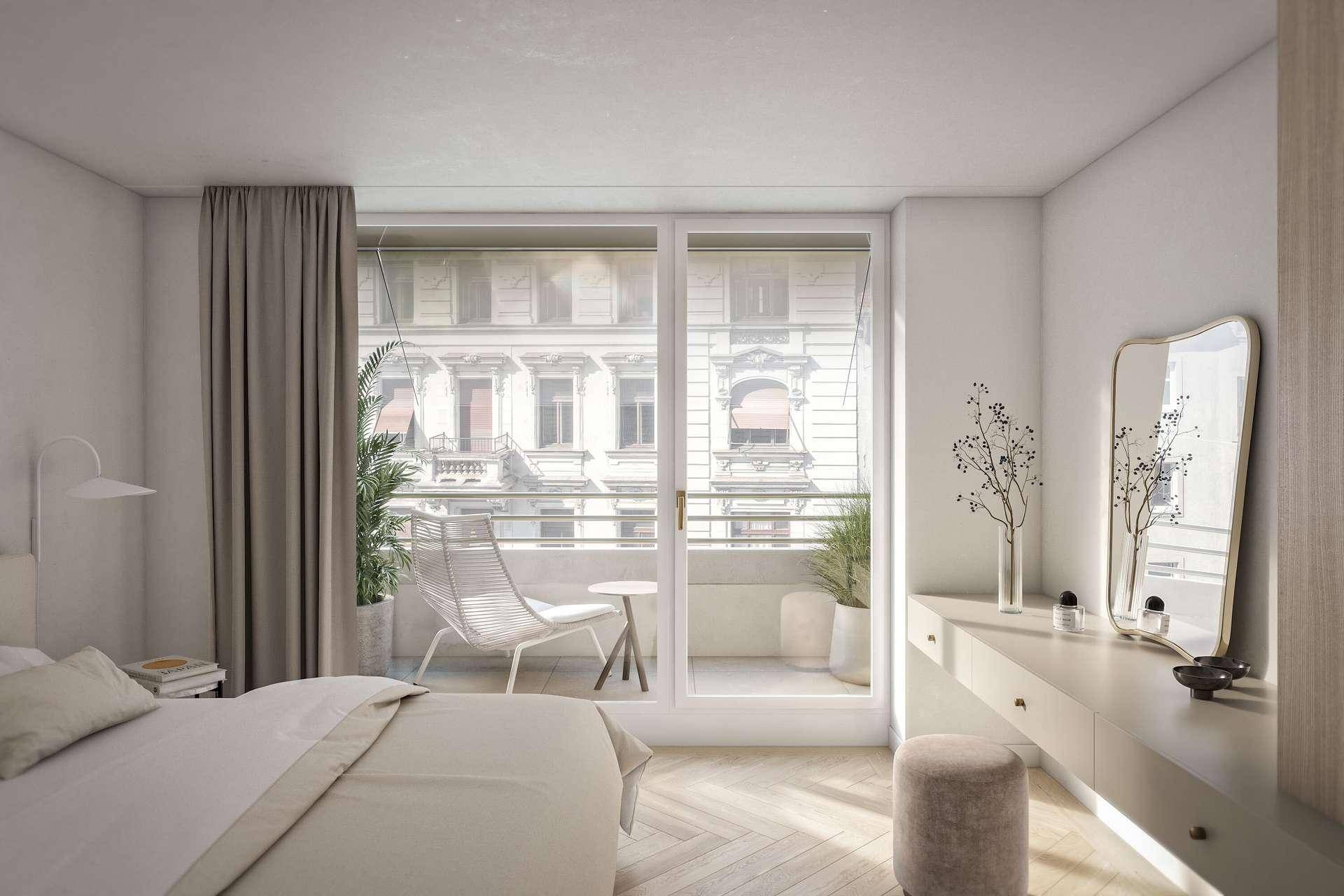 Helles Schlafzimmer mit Balkonzugang, moderner Einrichtung und Blick auf die Stadt.