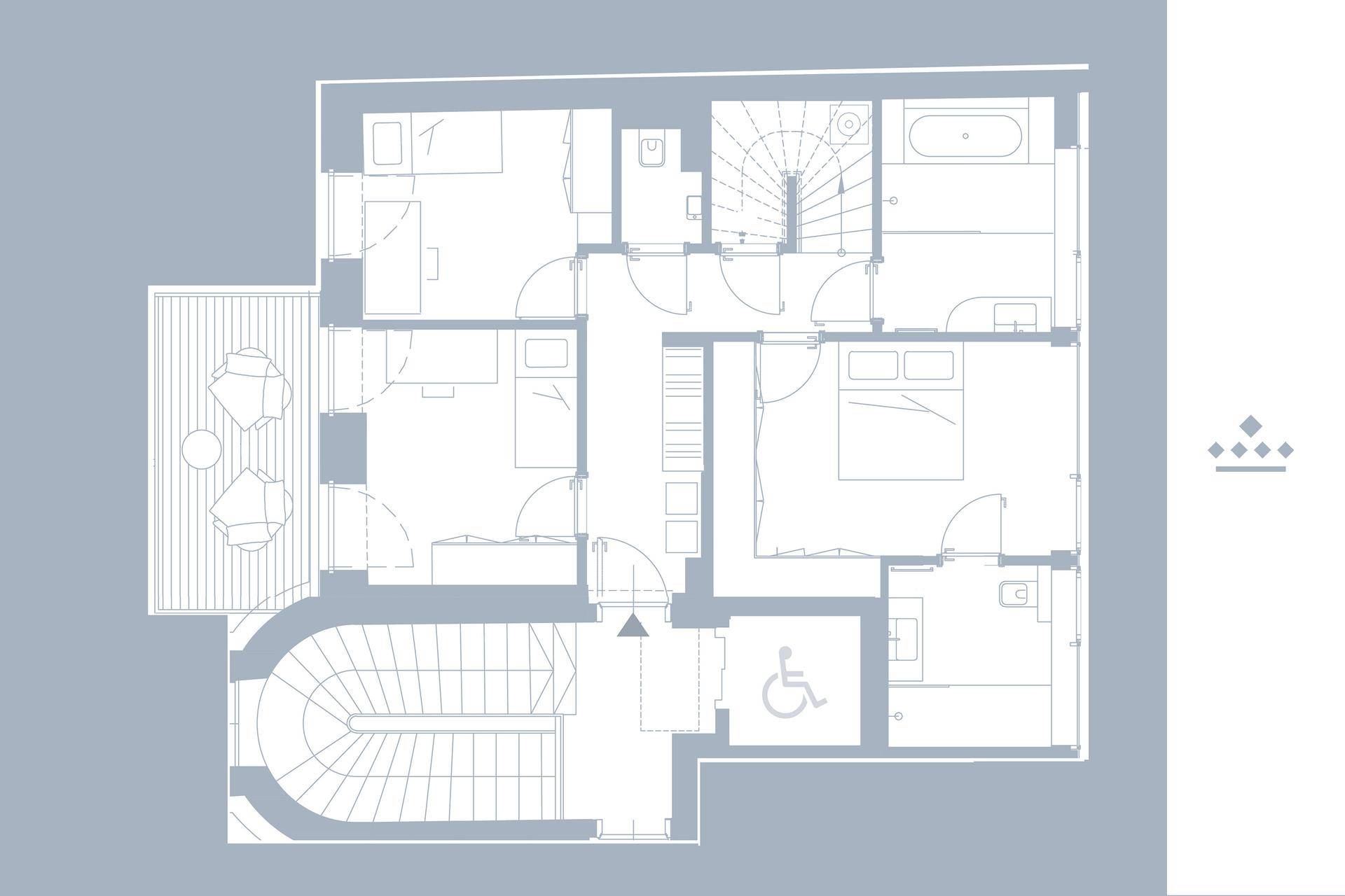 Grundriss einer Etage mit mehreren Zimmern, Bädern und Treppenhaus.