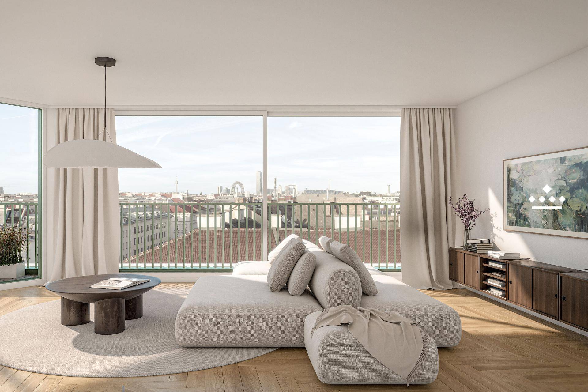 Helles Wohnzimmer mit zeitgenössischer Einrichtung, großen Fenstern und beeindruckendem Stadtblick.
