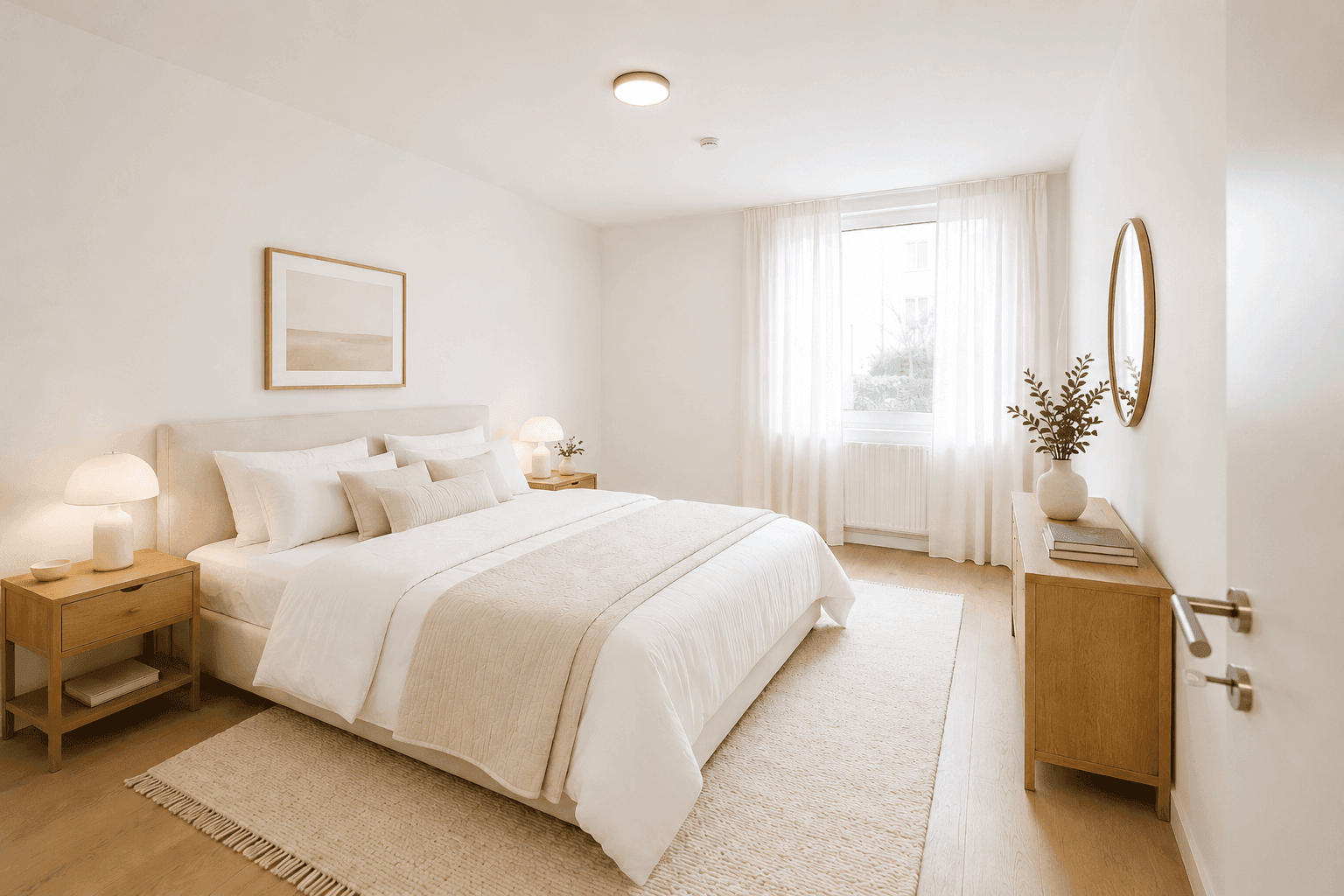 Gemütliches Schlafzimmer mit Doppelbett, Holzboden und viel natürlichem Licht.
