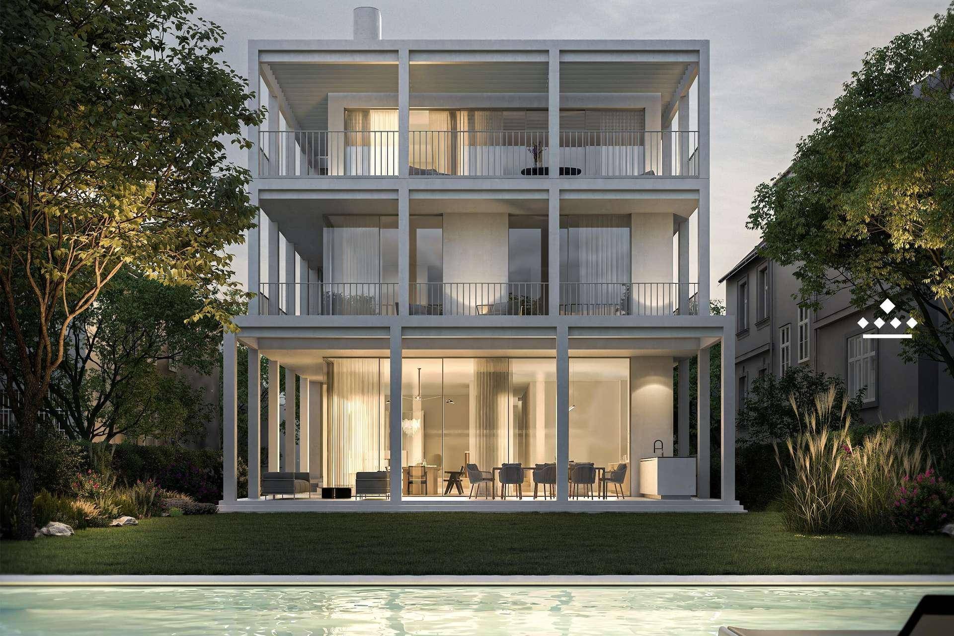 Moderne Architektur mit mehreren Balkonen, großem Garten und Swimmingpool im Vordergrund.