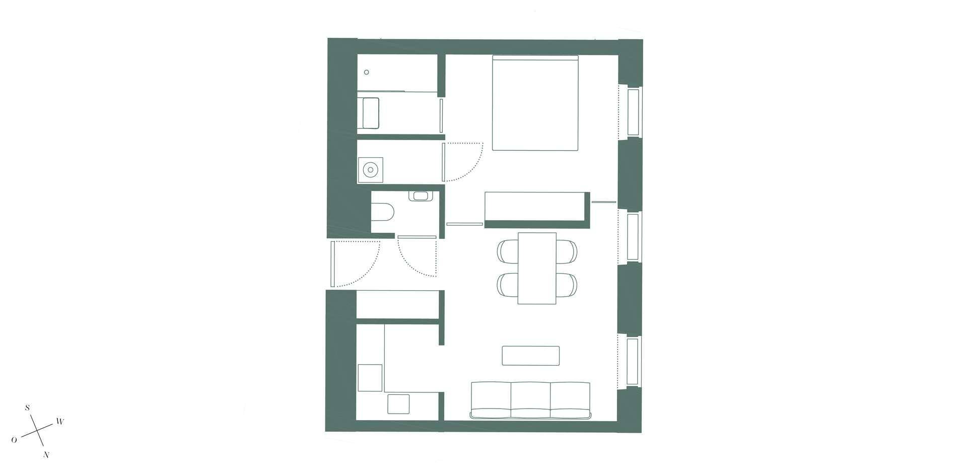 Grundriss einer Wohnung mit einem Schlafzimmer, Bad und offenem Wohnbereich.