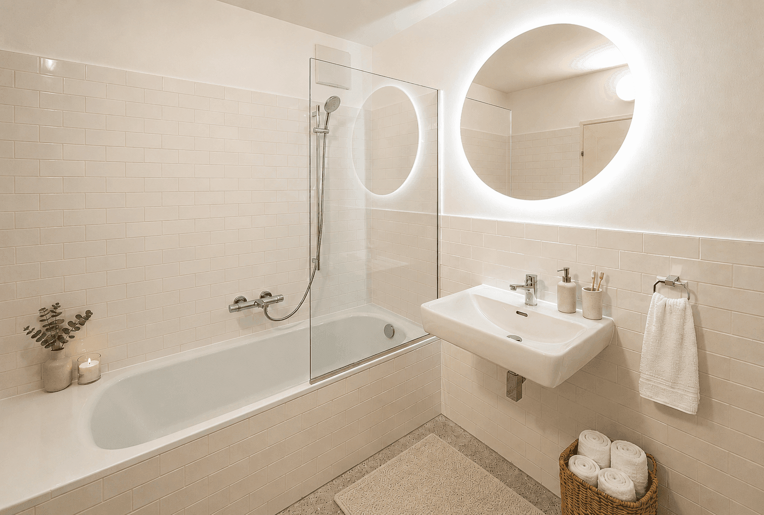 Modernes Badezimmer mit Badewanne, Duschabtrennung und beleuchtetem Spiegel.