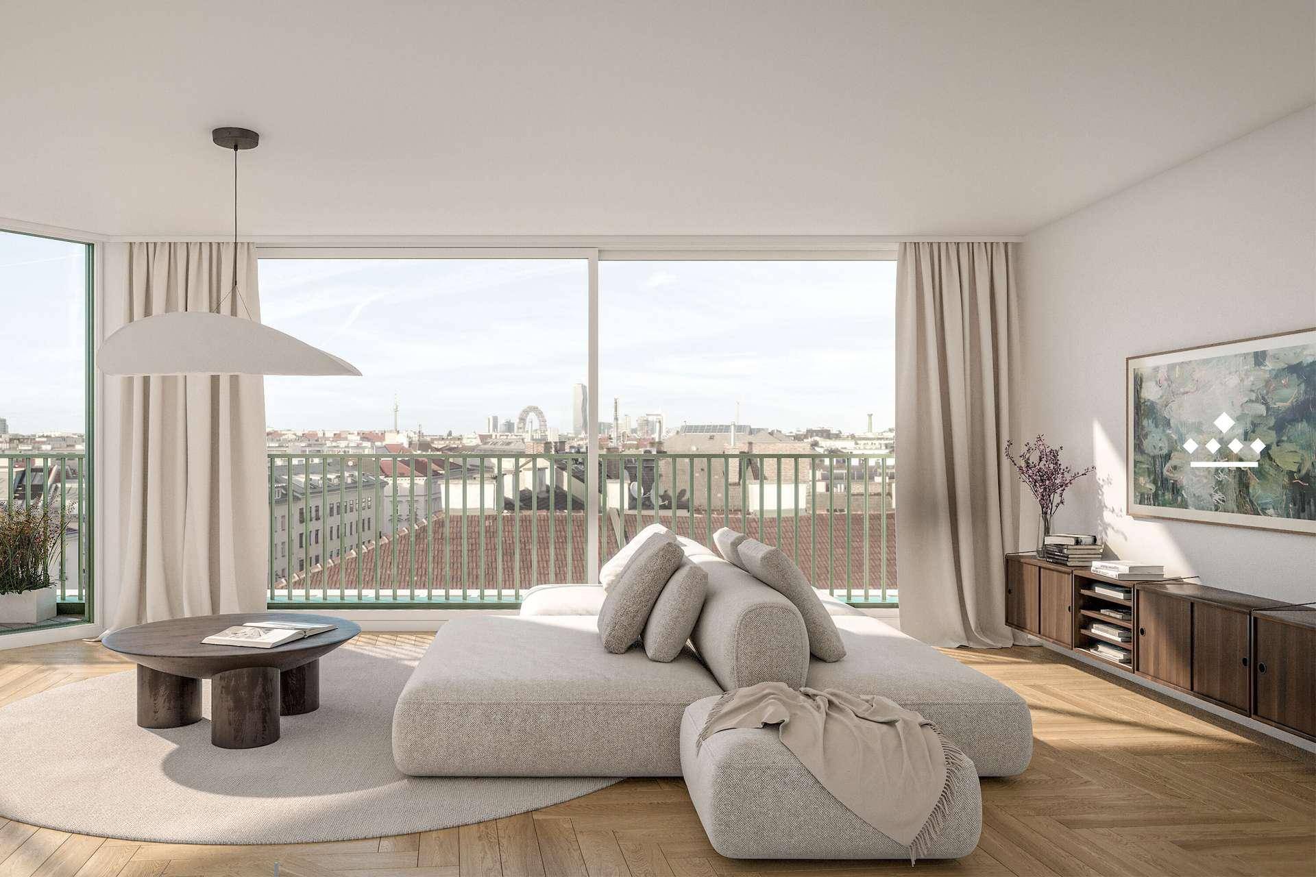Geräumiges Wohnzimmer mit elegantem Sofa, Holzboden und Panoramafenstern mit Stadtblick.