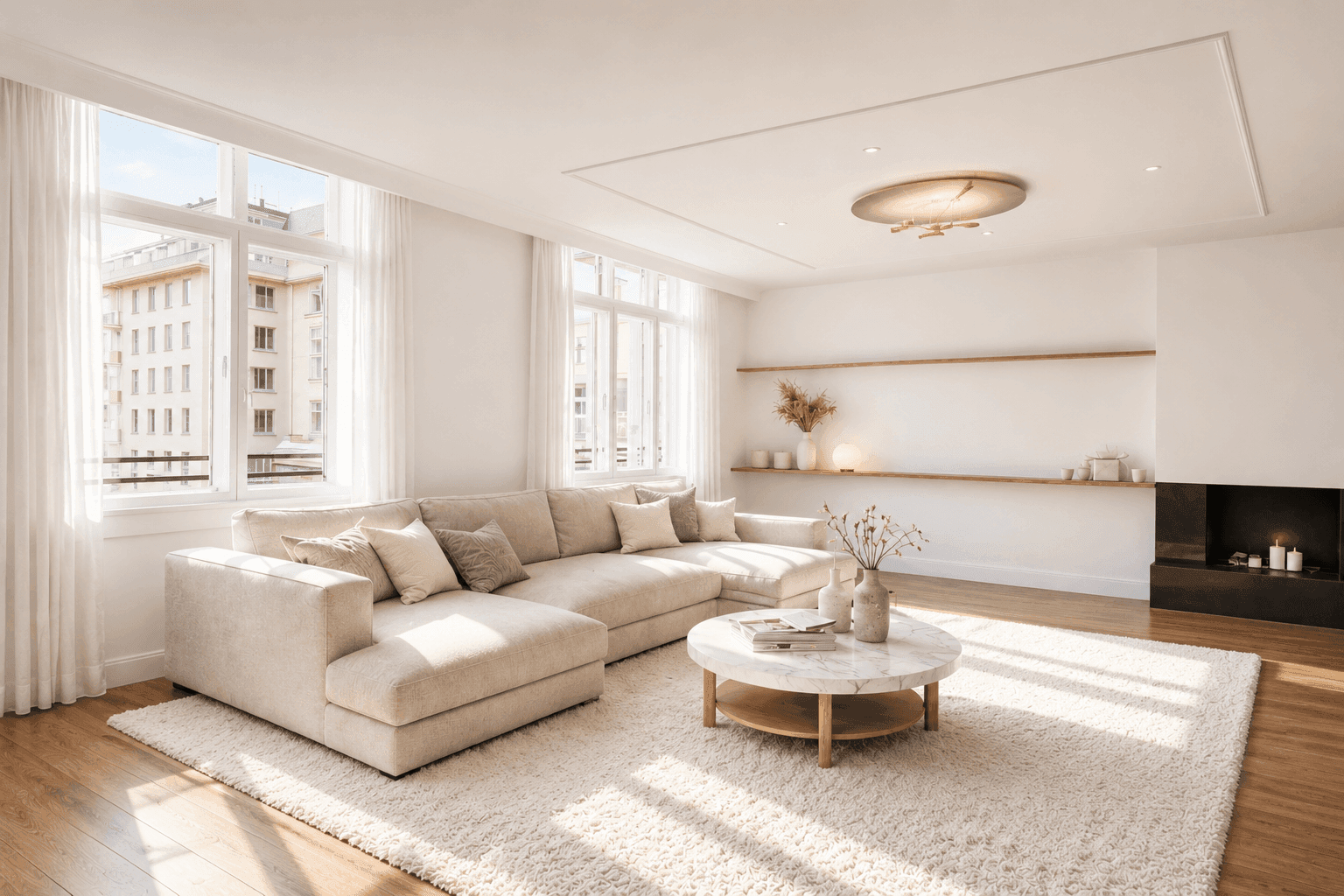 Helles Wohnzimmer mit großem Ecksofa, modernem Kamin und weitem Blick durch die großen Fenster.