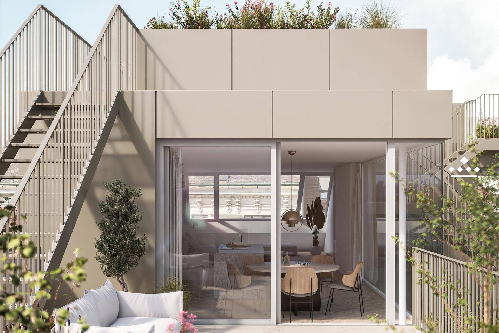 Moderne Architektur mit mehreren Terrassen und Außentreppen, die verschiedene Ebenen verbinden.