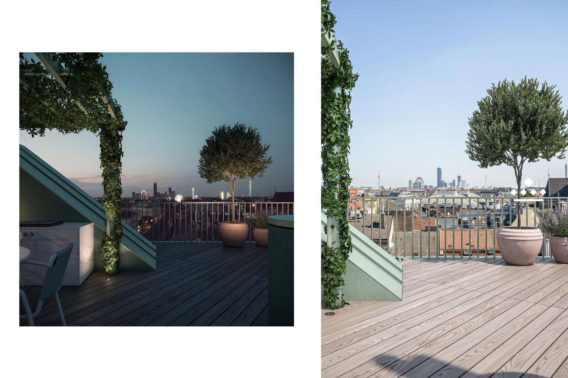 Dachterrasse bei Tag und Nacht mit Stadtblick, bepflanzter Pergola und Holzboden.