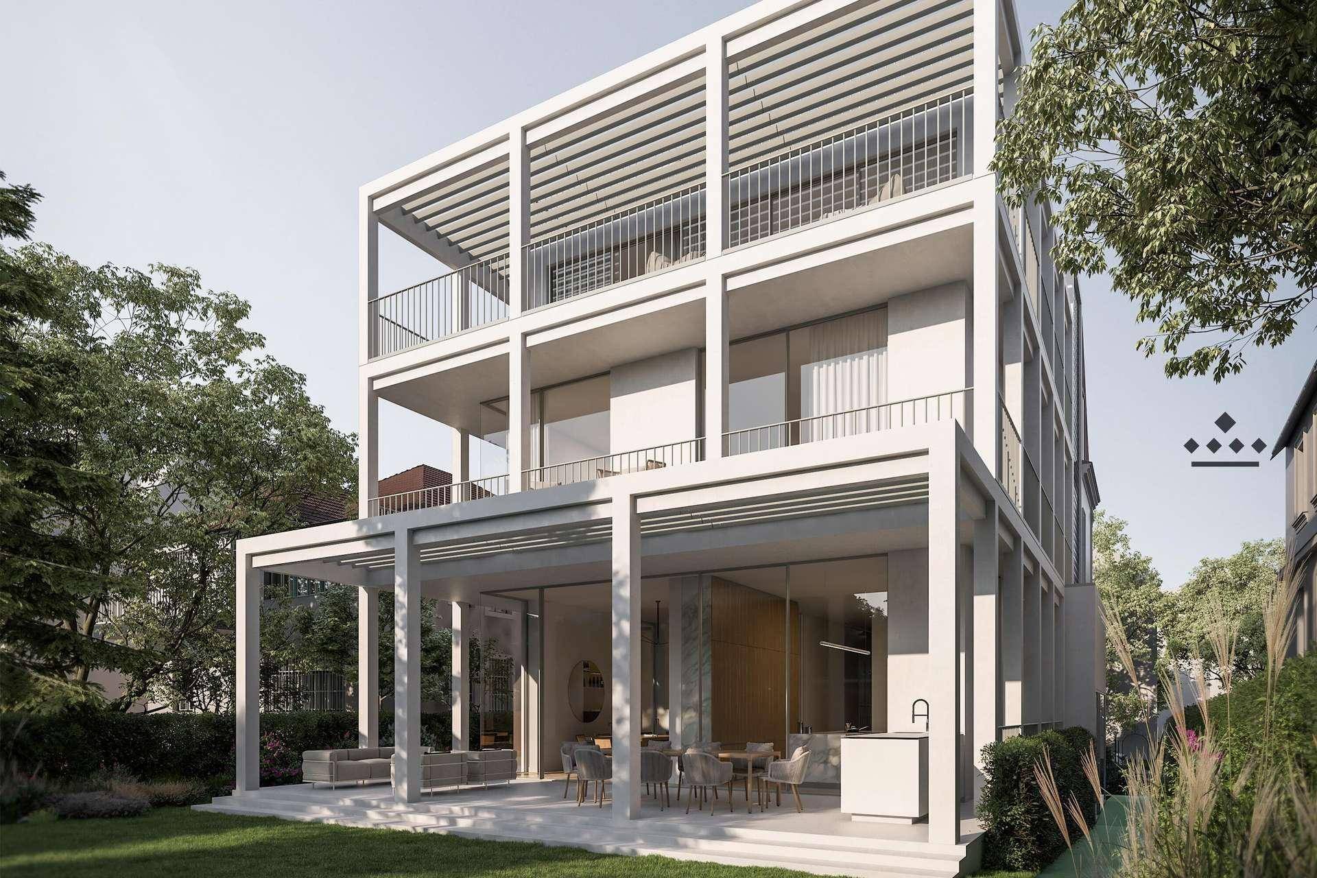 Moderne Architektur mit mehreren Balkonen und großem Garten, von der Seite betrachtet.