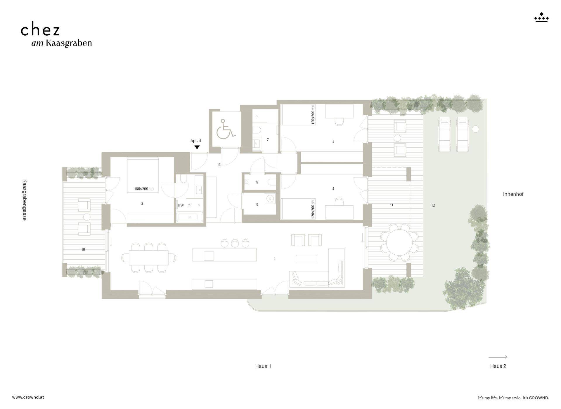 Grundriss einer modernen Wohnung mit offenem Wohnbereich, mehreren Schlafzimmern, Terrasse und Garten.