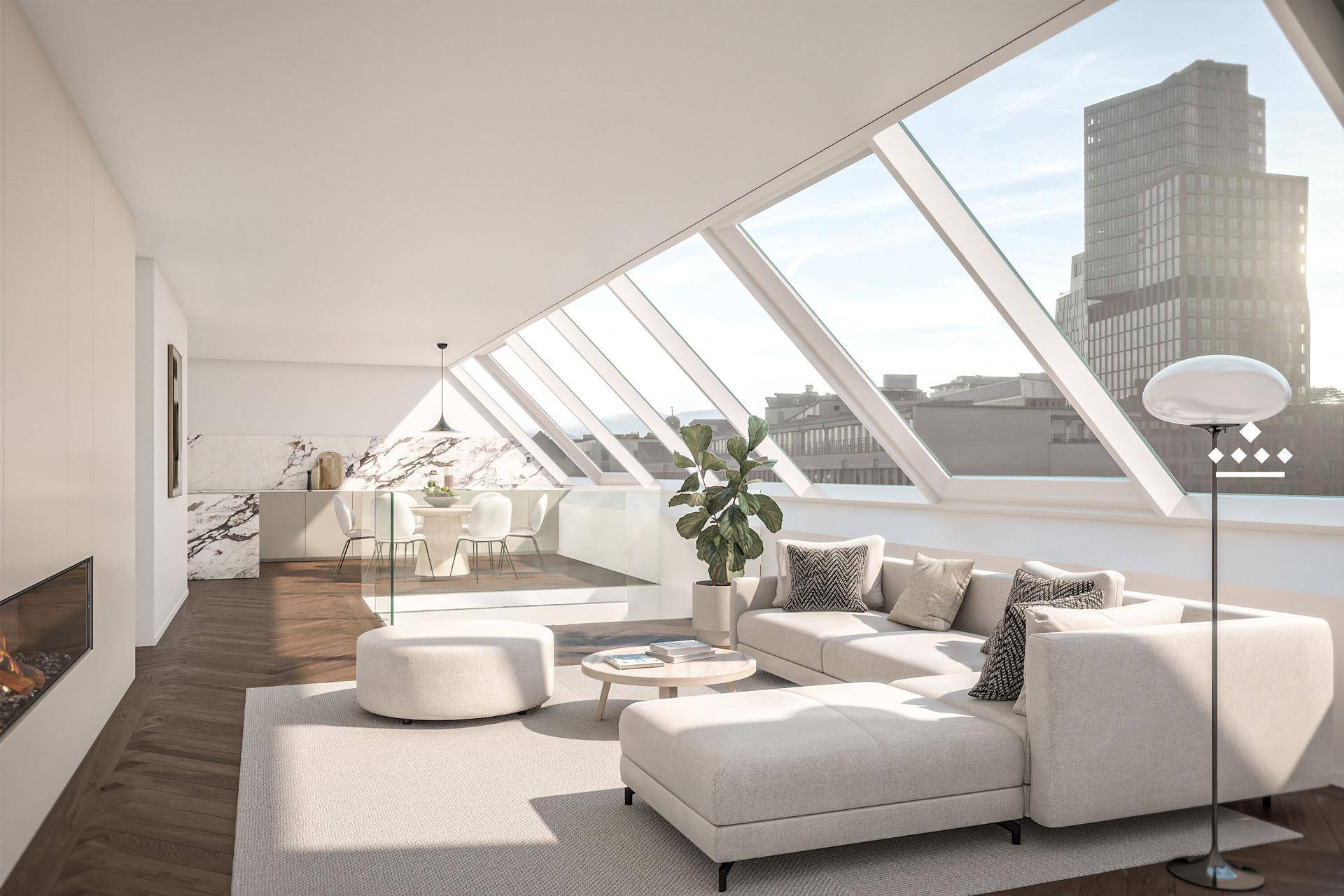 Helles Wohnzimmer mit großen Dachfenstern, Stadtblick und offenem Übergang zur Küche.