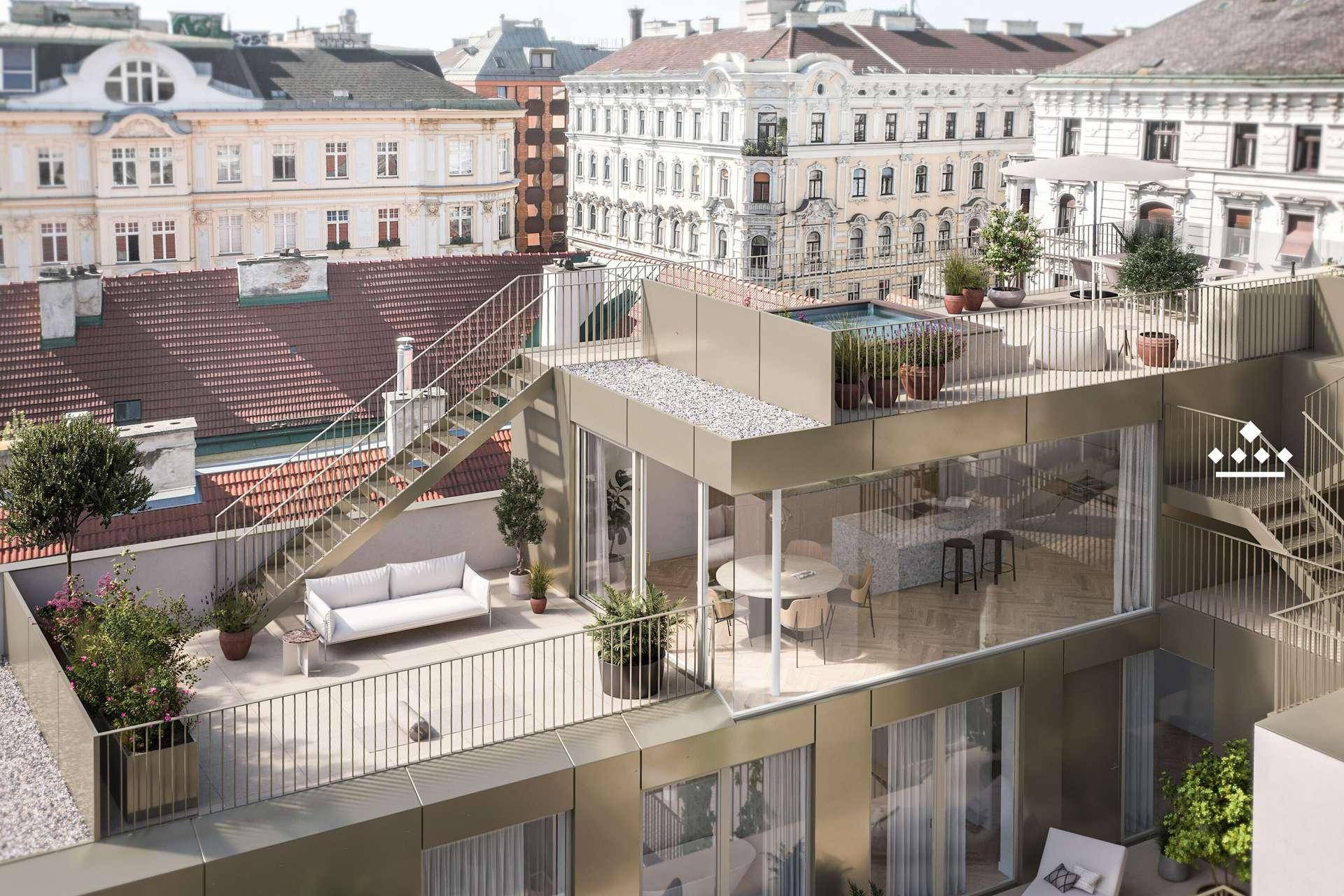 Mehrere Terrassenbereiche auf verschiedenen Ebenen eines modernen Gebäudes mit Stadtblick.