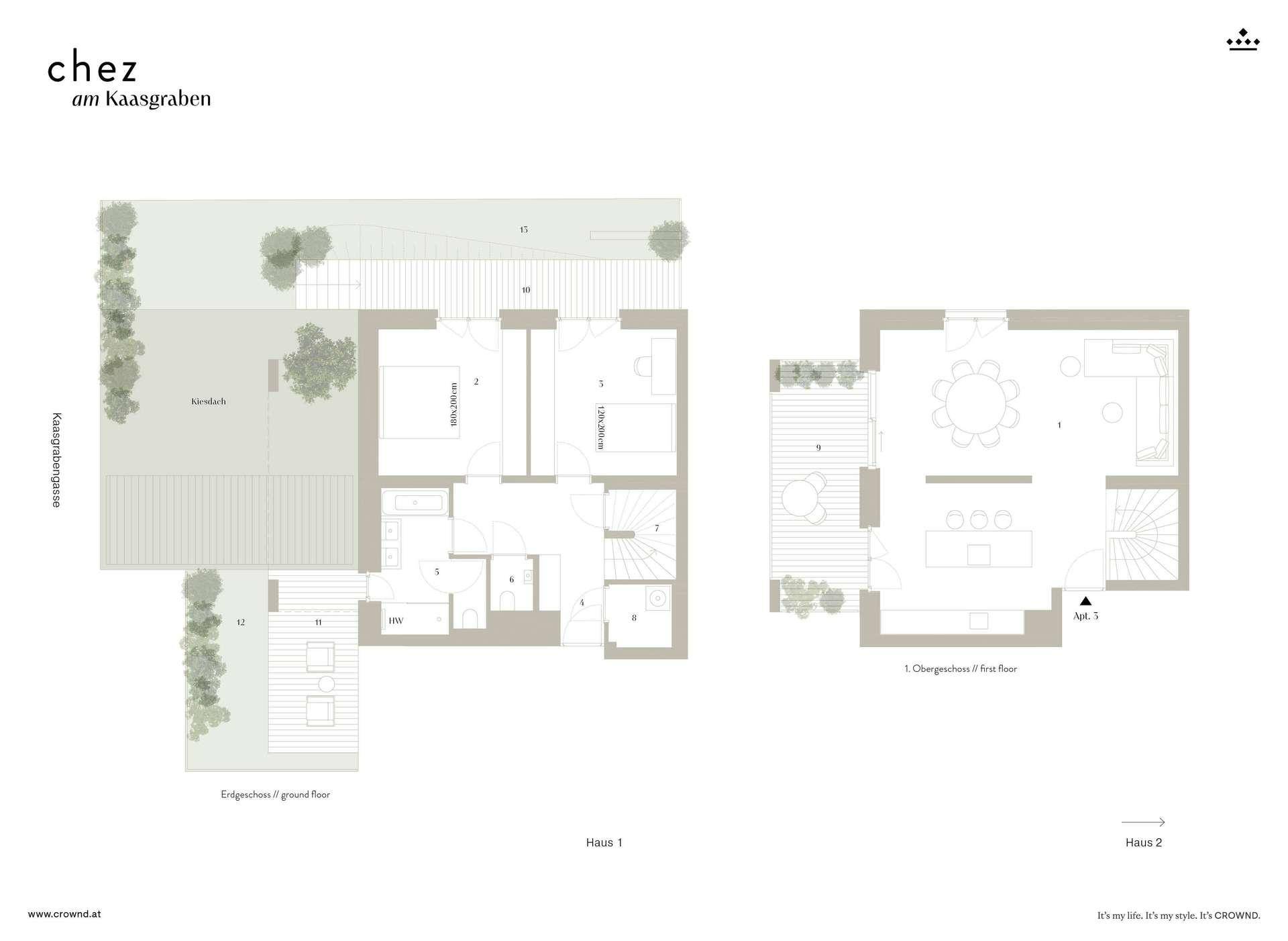 Grundrisspläne für zwei Wohneinheiten mit Garten und Balkon/Terrasse.