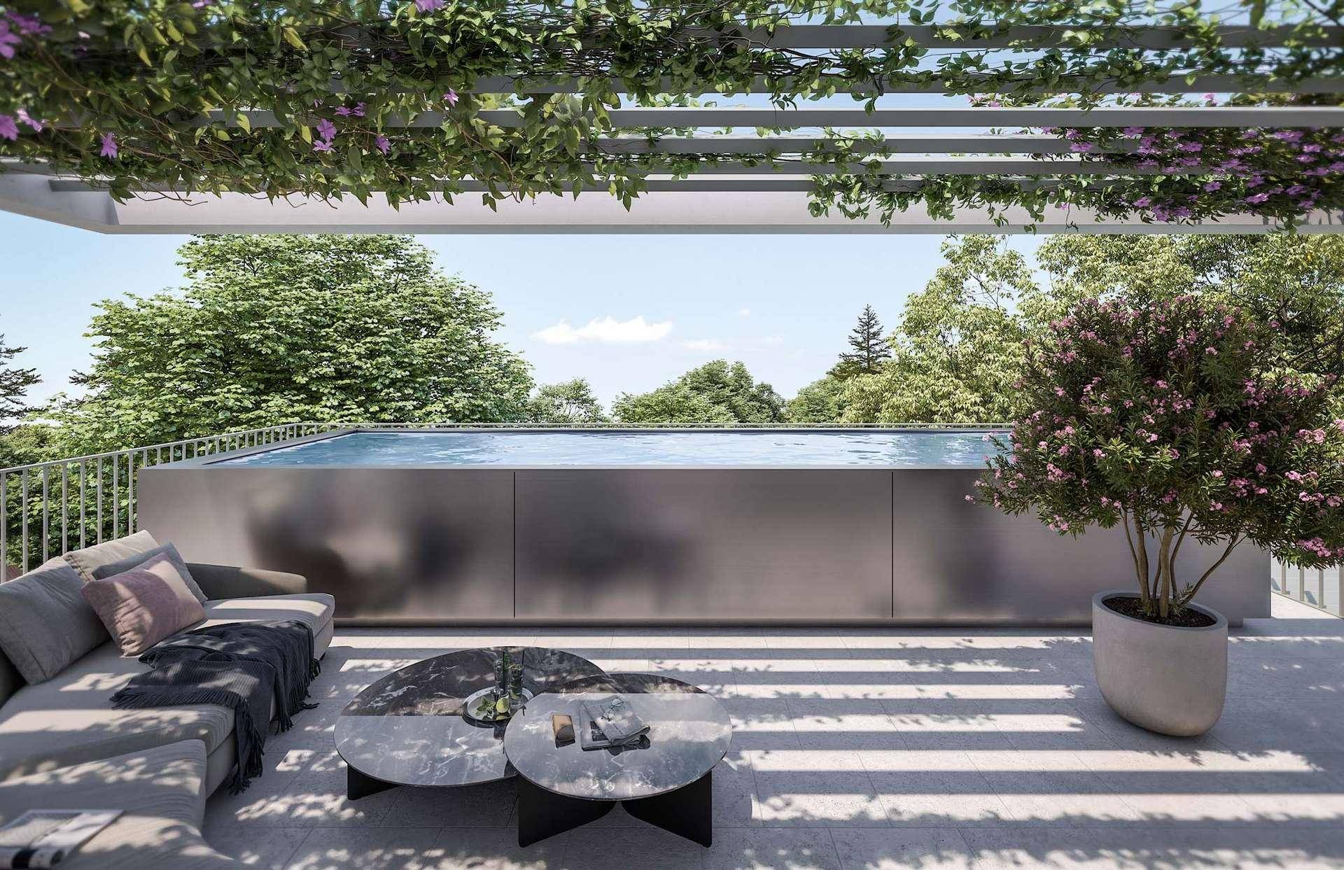 Exklusive Dachterrasse mit Infinity-Pool, gemütlicher Lounge und üppiger Bepflanzung.