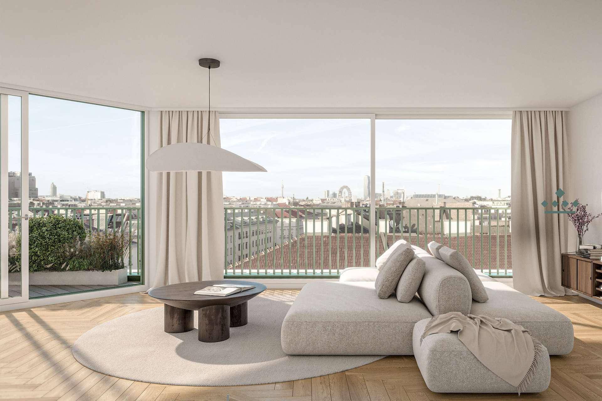 Helles Wohnzimmer mit großen Fenstern, modernem Sofa und weitem Stadtblick, mit Holzboden.