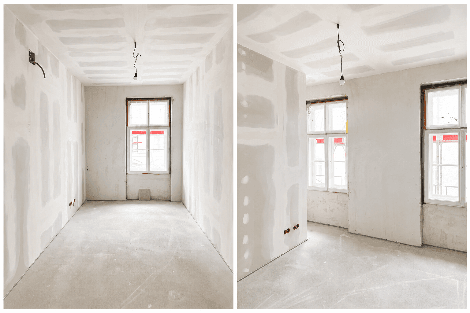 Unfertige Innenräume mit Fenstern und vorbereiteten Wänden für den weiteren Ausbau.