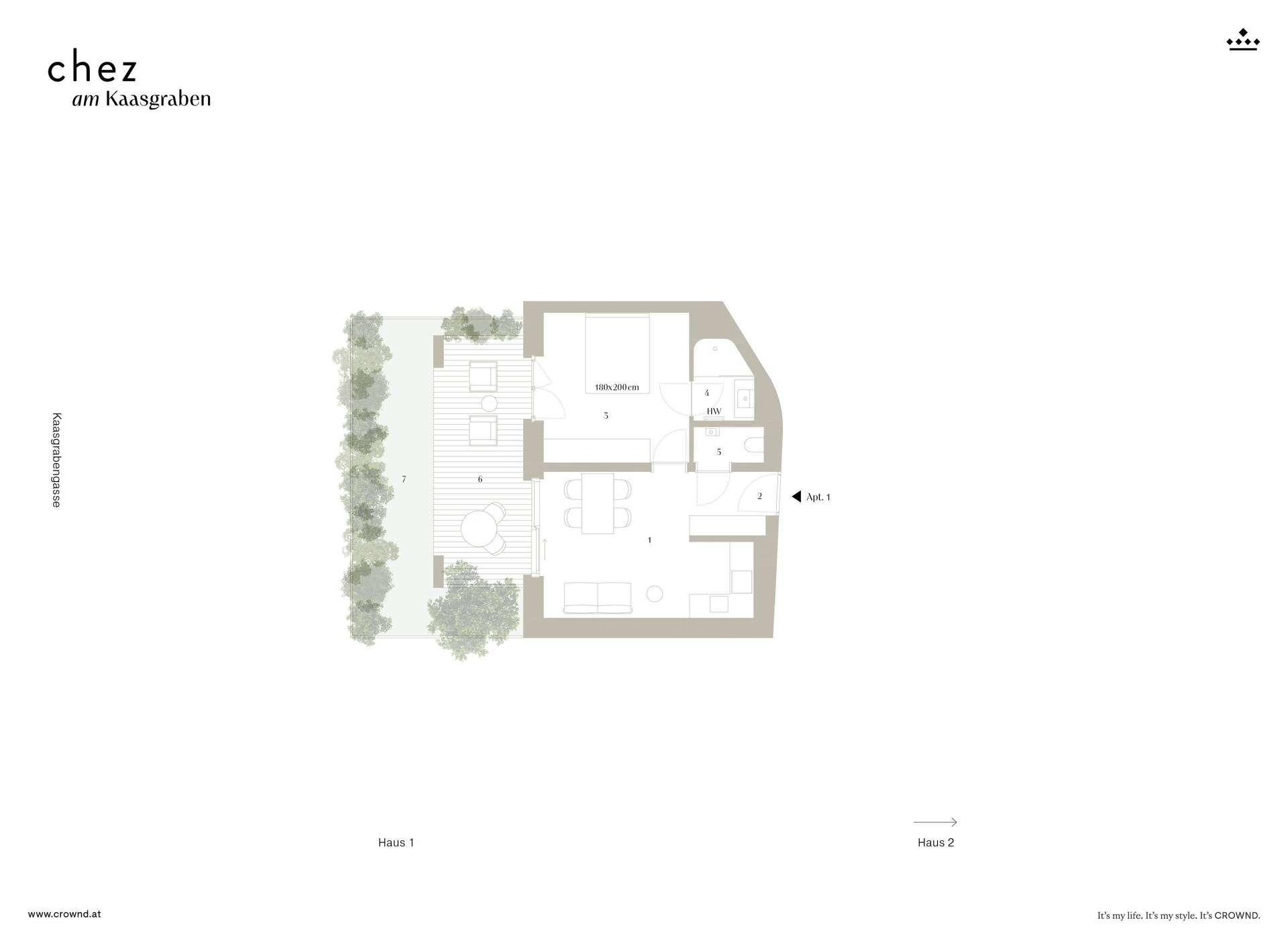Grundriss einer Wohnung mit Terrasse und Gartenbereich.