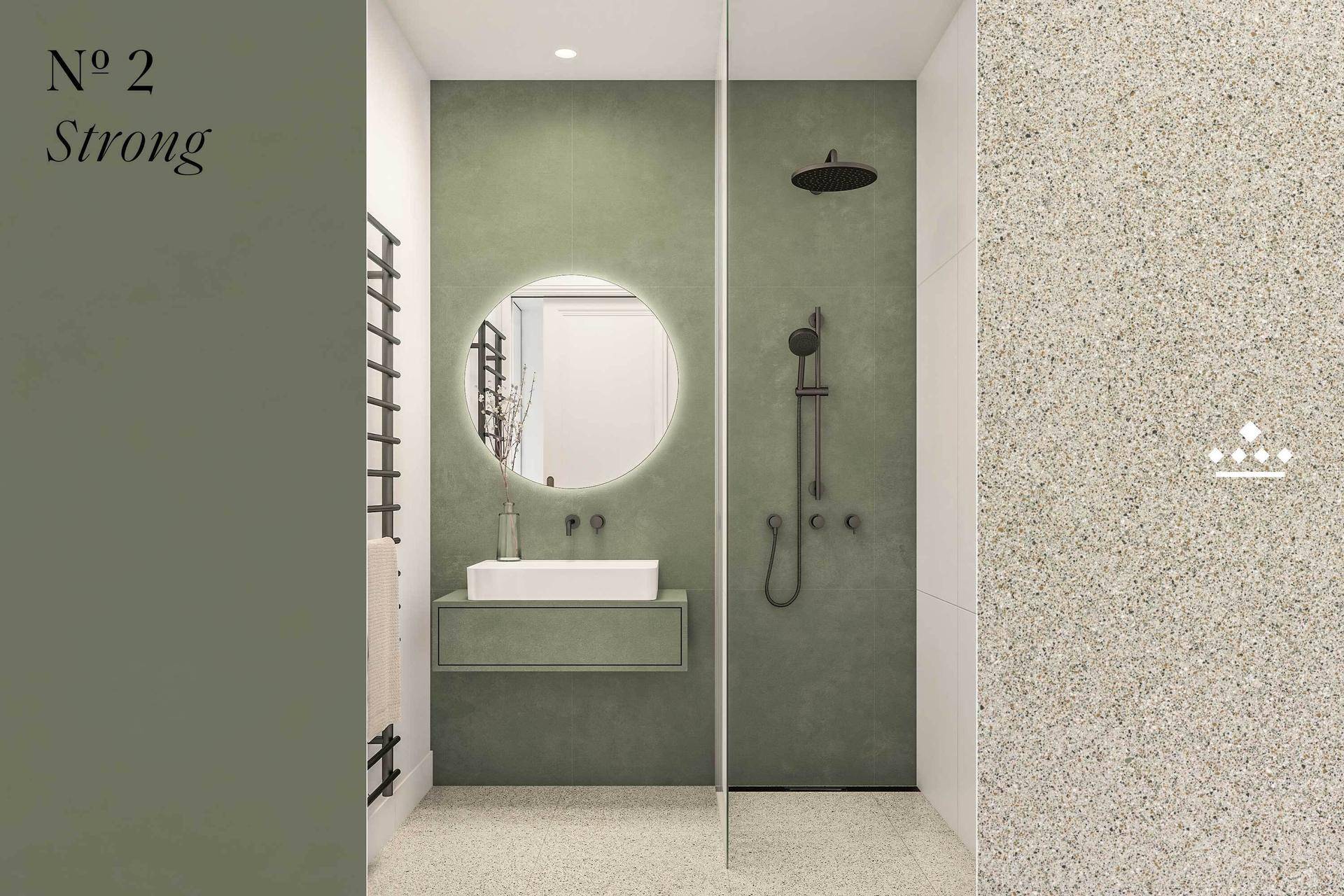 Zeitgemäßes Badezimmer mit grüner Wand, minimalistischem Design und runder Spiegelleuchte.