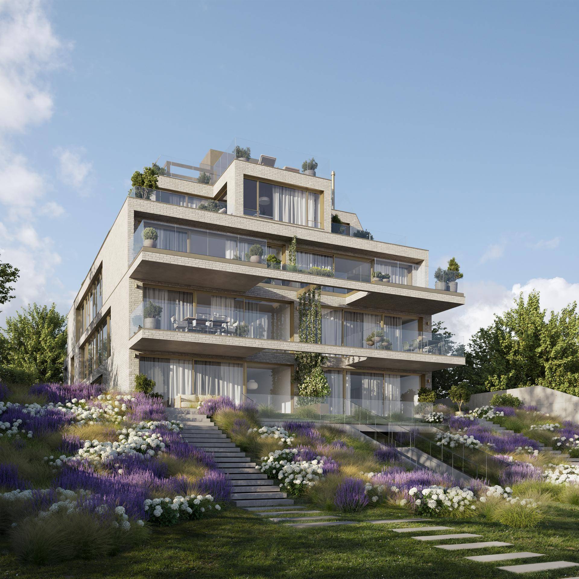 Modernes Wohngebäude eingebettet in eine blühende Gartenlandschaft mit Treppen und Terrassen.