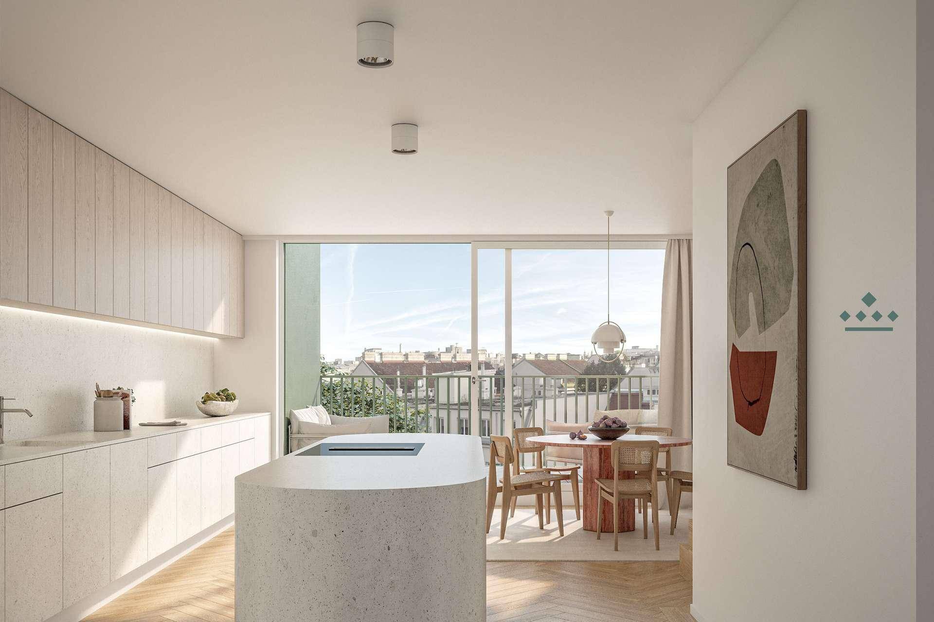 Moderne offene Küche mit Kücheninsel und Essbereich, hell und mit Zugang zu einem Balkon.