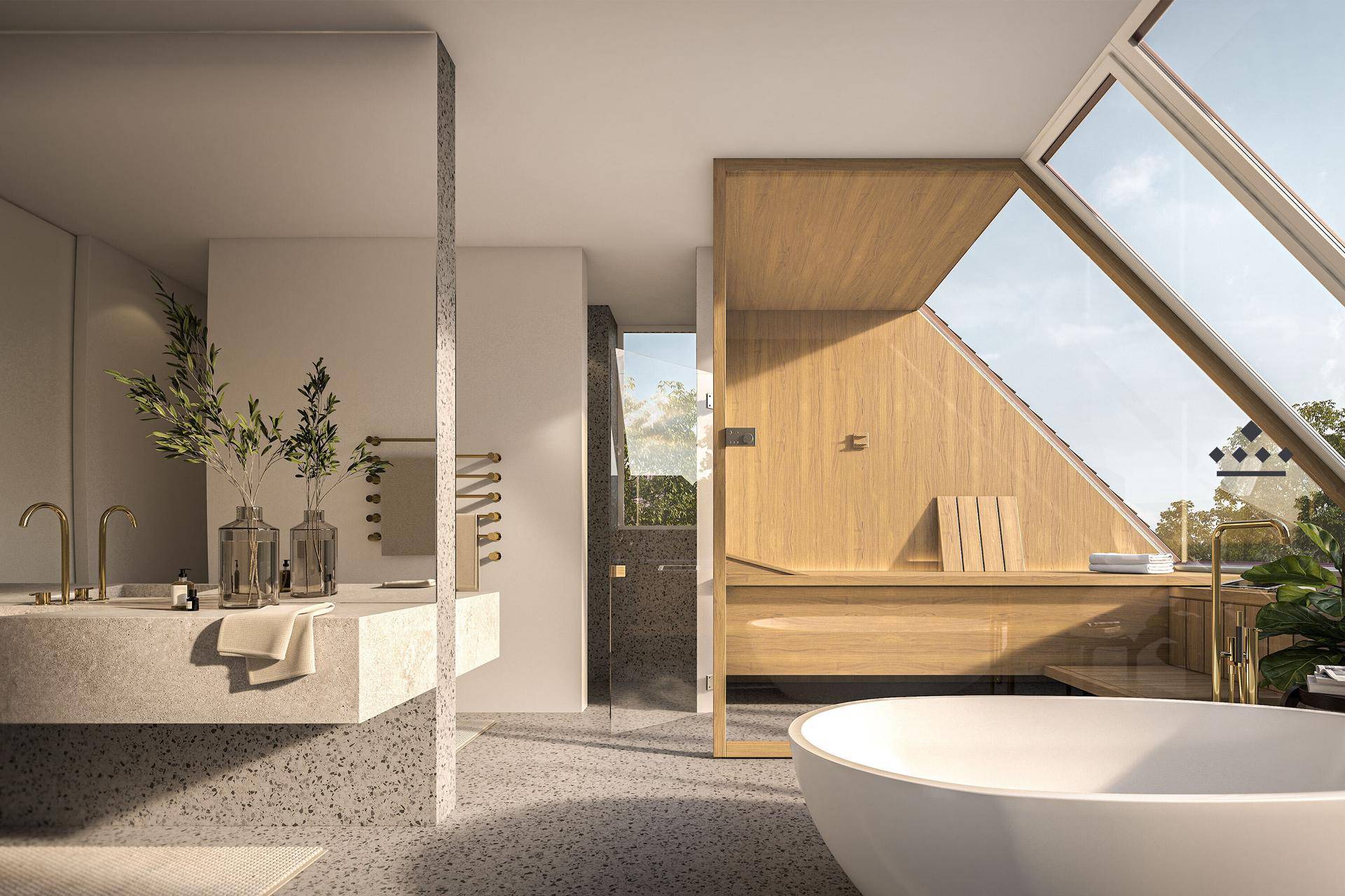 Luxuriöses Badezimmer mit freistehender Badewanne, Sauna und großen Dachfenstern.