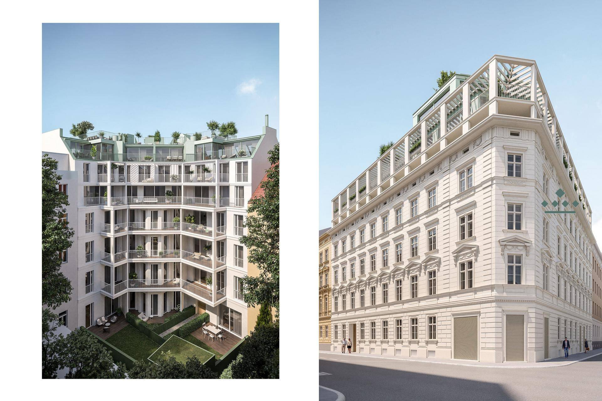 Außenansichten des Gebäudes mit moderner Architektur und begrünten Dachterrassen.