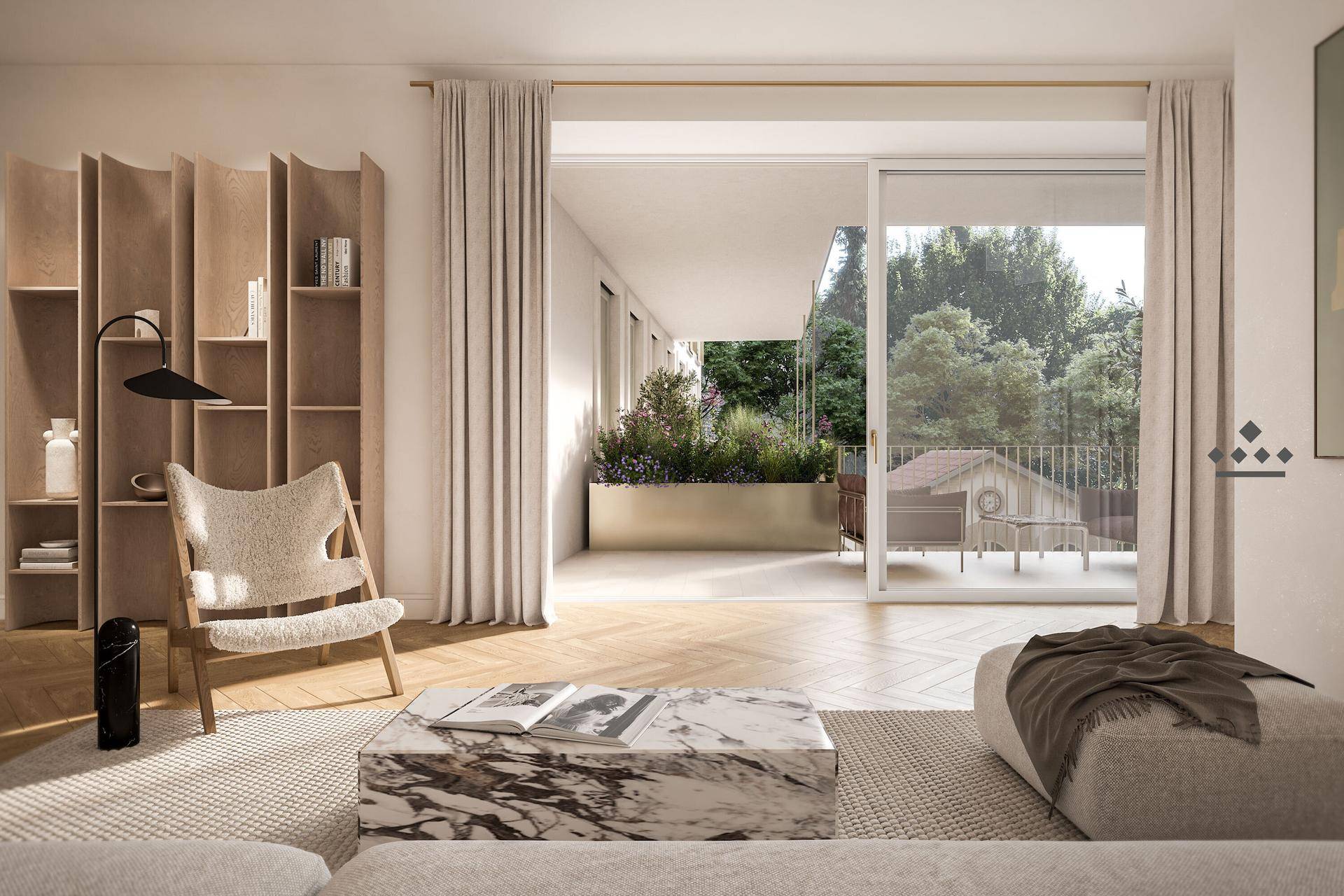 Modernes Wohnzimmer mit Parkettboden, Marmortisch und Zugang zu einer begrünten Terrasse.