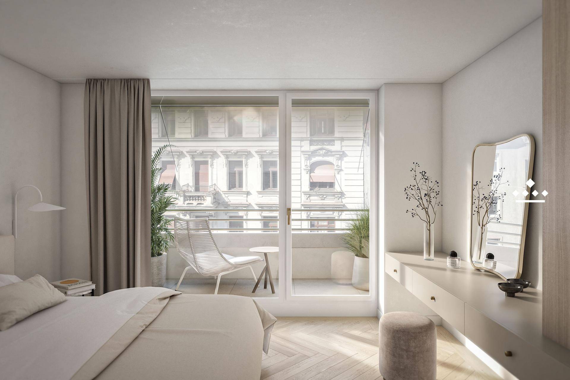 Helles Schlafzimmer mit Balkonzugang, Schminktisch und Blick auf die gegenüberliegenden Gebäude.