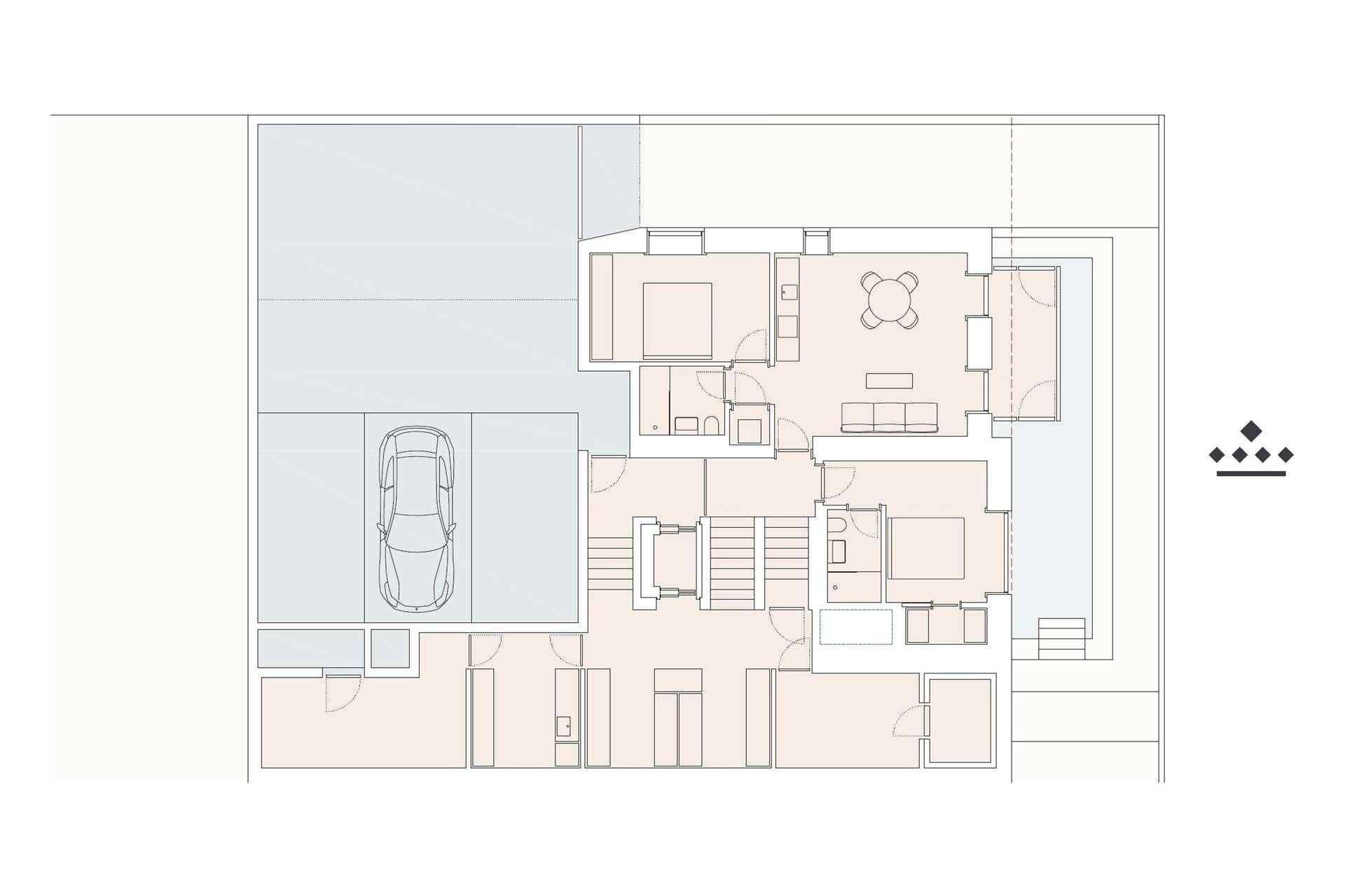 Grundriss des Erdgeschosses mit Wohnbereich, Schlafzimmer und einem Parkplatz.