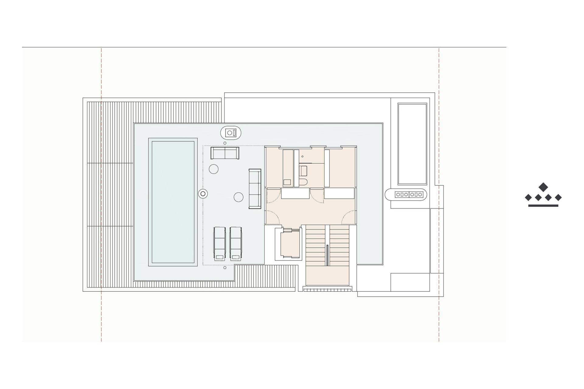 Grundriss des Dachgeschosses mit Dachterrasse, Pool und Wohnbereich.
