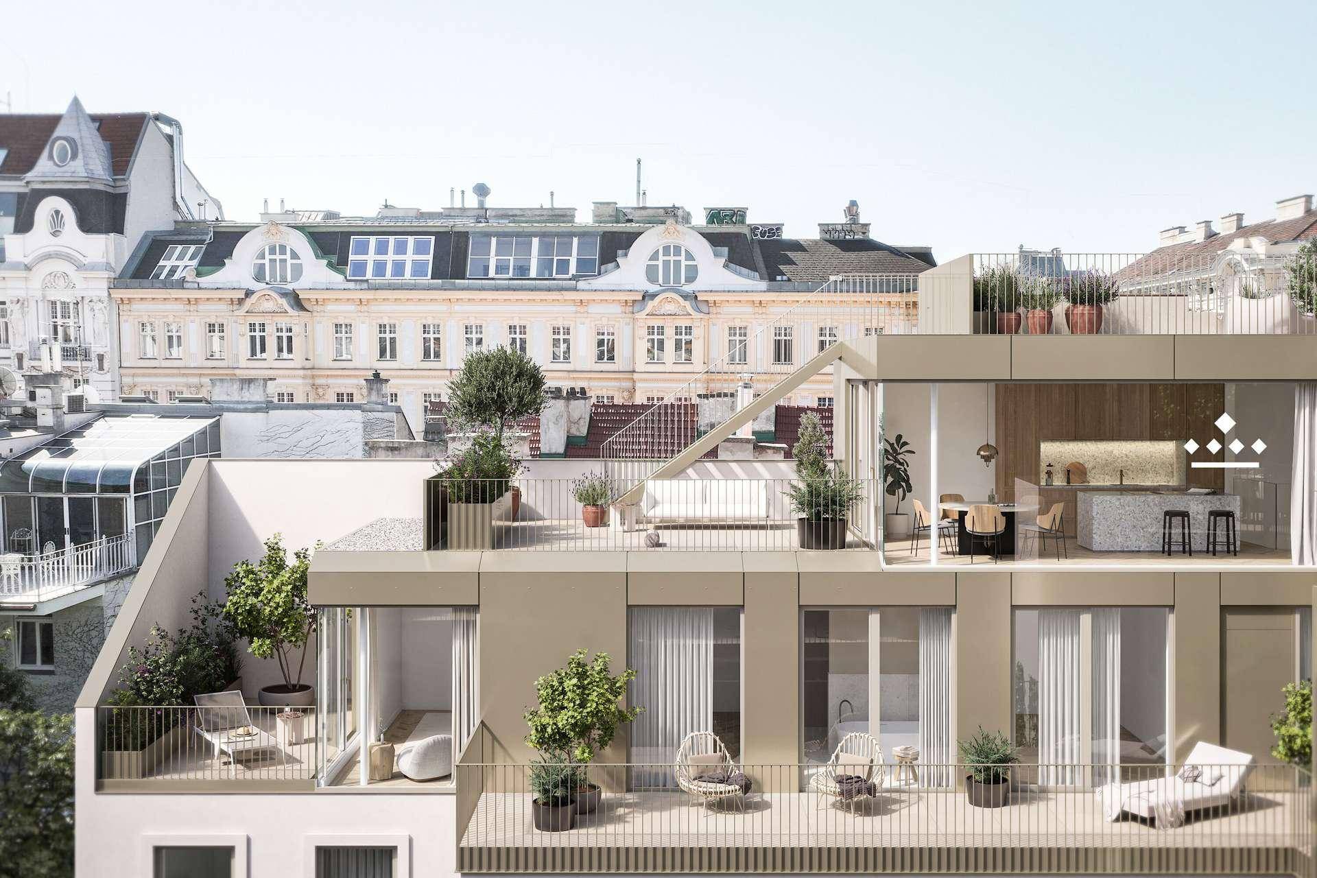 Moderne Fassade mit mehreren Balkonen und Terrassen, die zum Entspannen im Freien einladen.