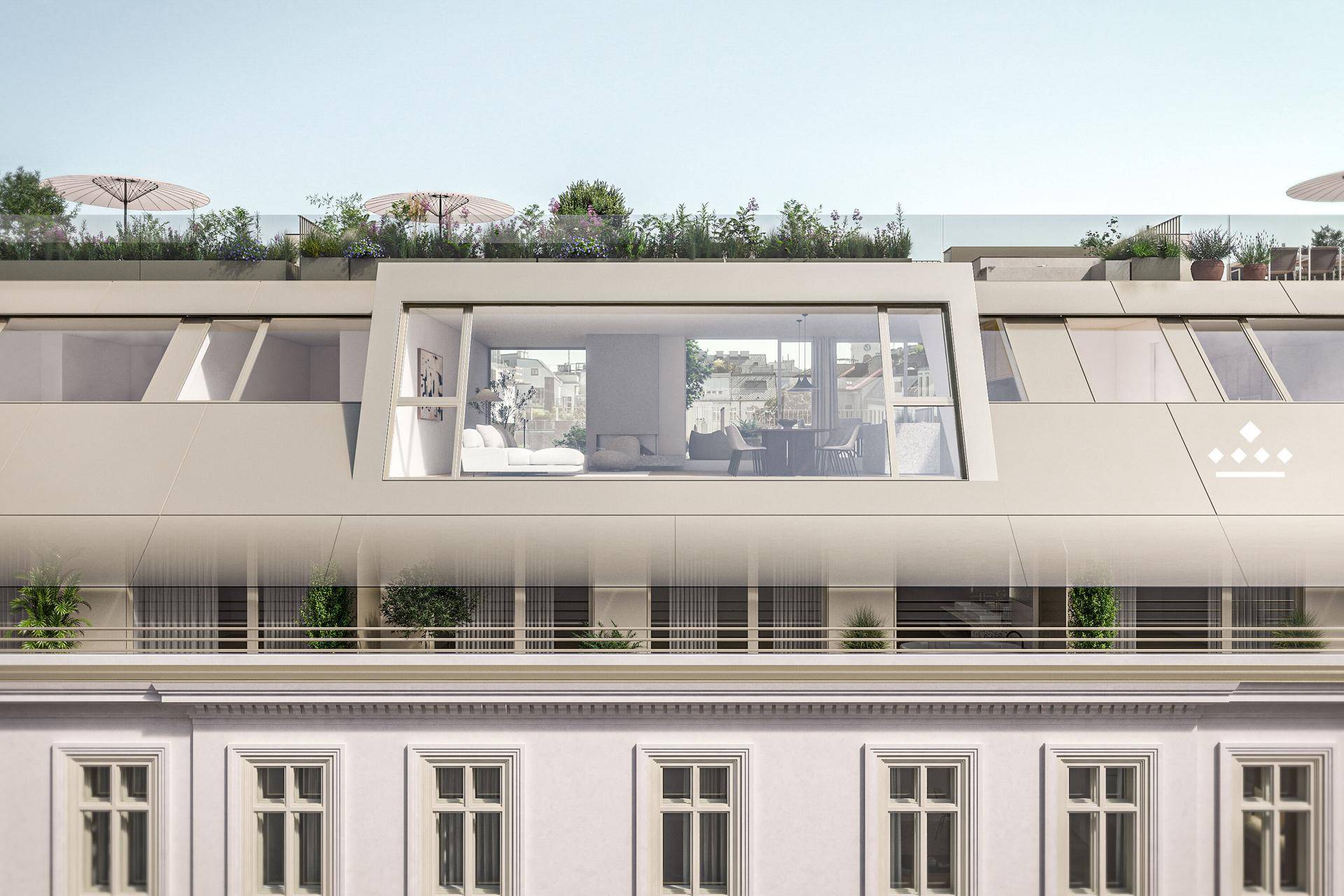 Moderne Dachaufstockung auf einem historischen Gebäude mit großen Fensterfronten und Dachterrassen.