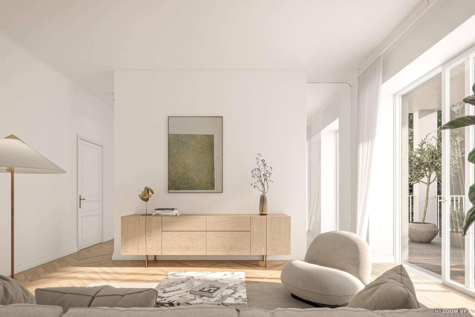 Helles Wohnzimmer mit Holzboden, modernen Möbeln und großem Zugang zu einem Außenbereich.